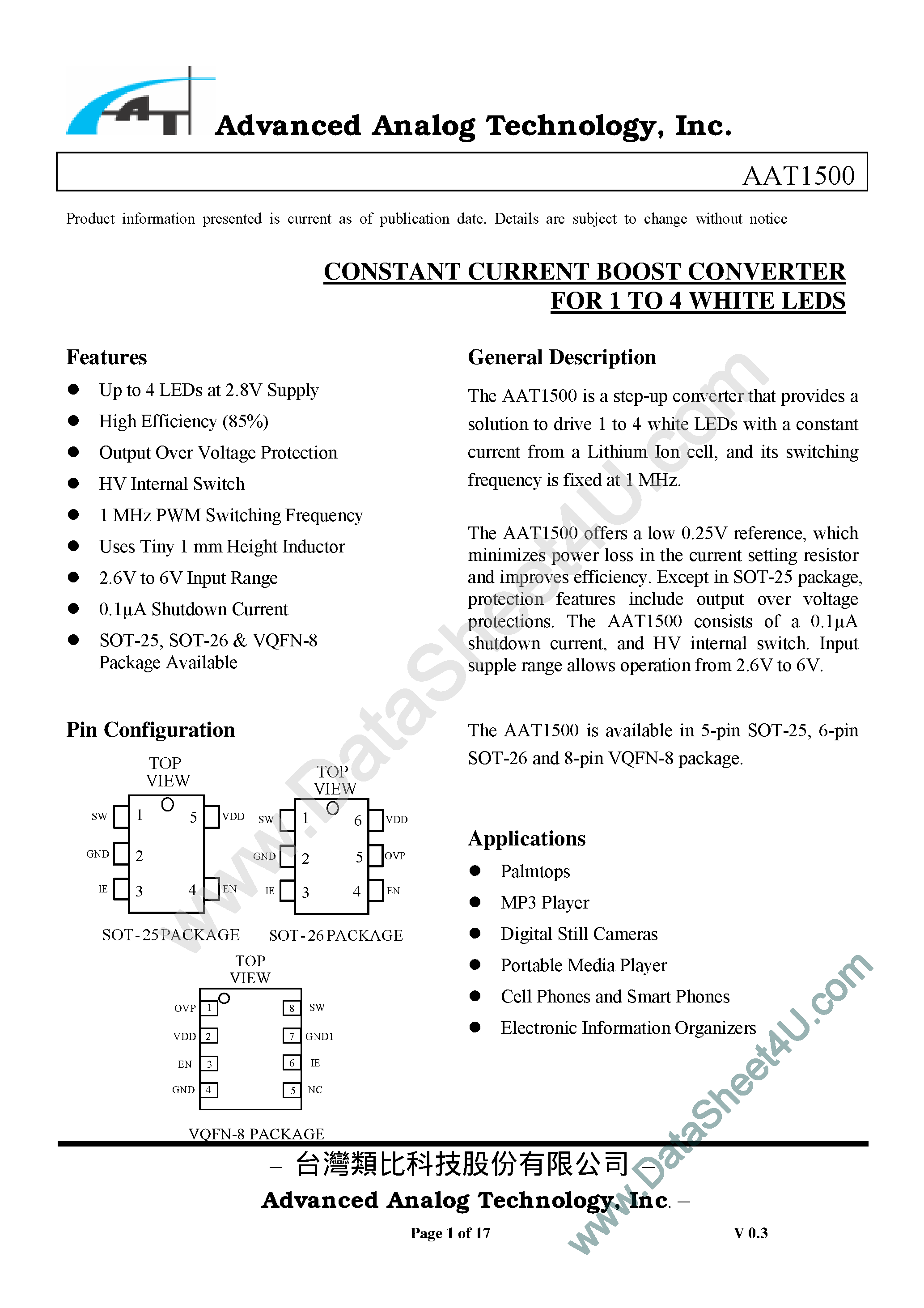 Datasheet AAT1500 - CONSTANT CURRENT BOOST CONVERTER FOR 1 TO 4 WHITE LEDS page 1