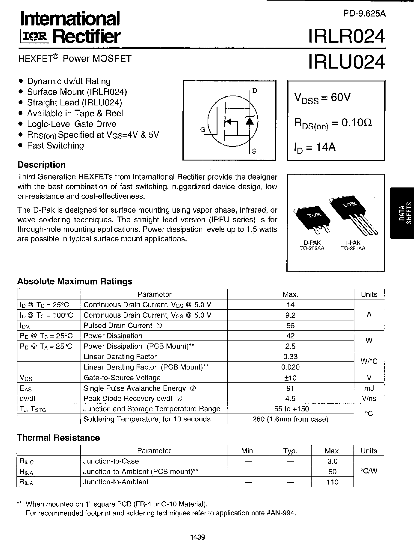 Даташит IRLR024 - (IRLU/R024) Power MOSFET страница 1