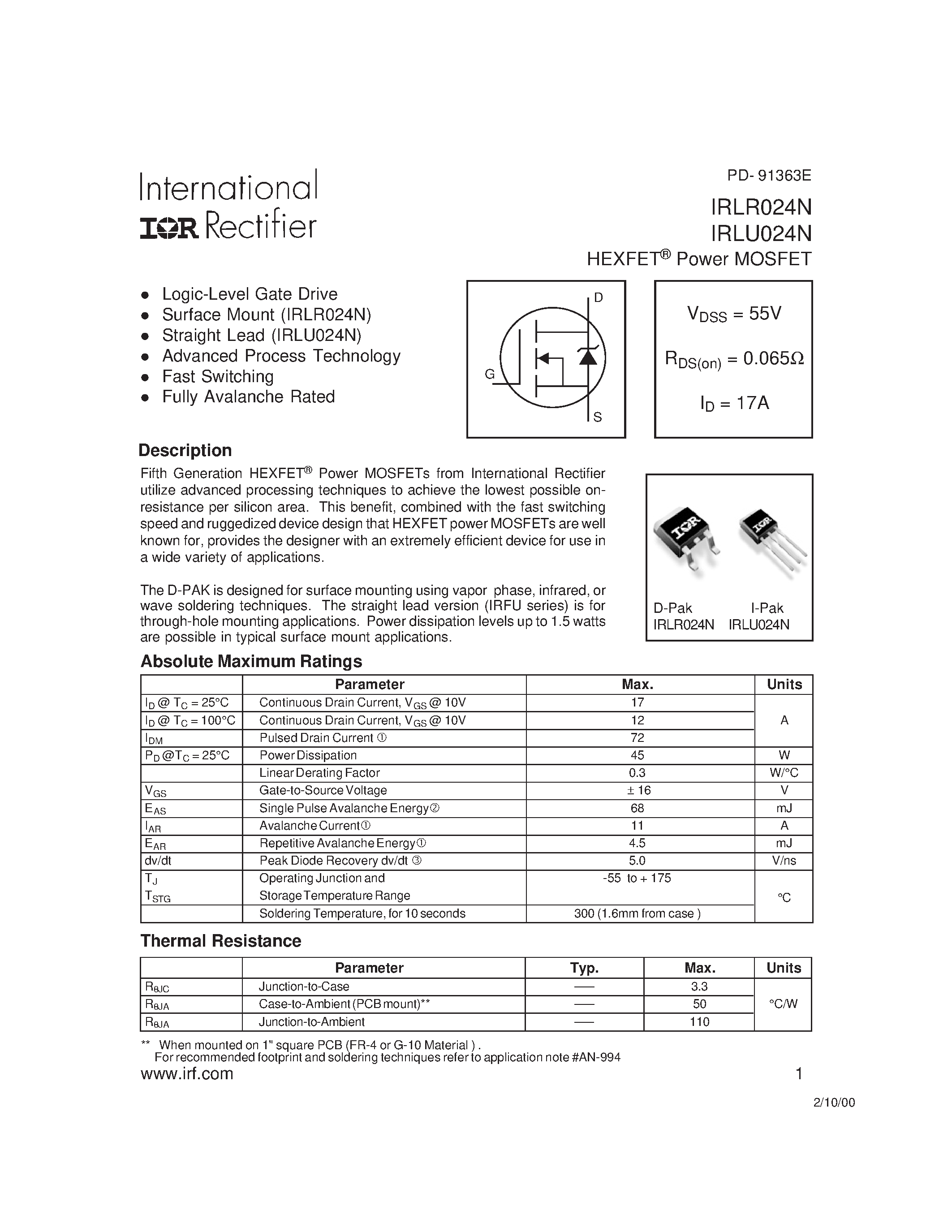 Datasheet IRLR024N - (IRLU/R024N) Power MOSFET page 1