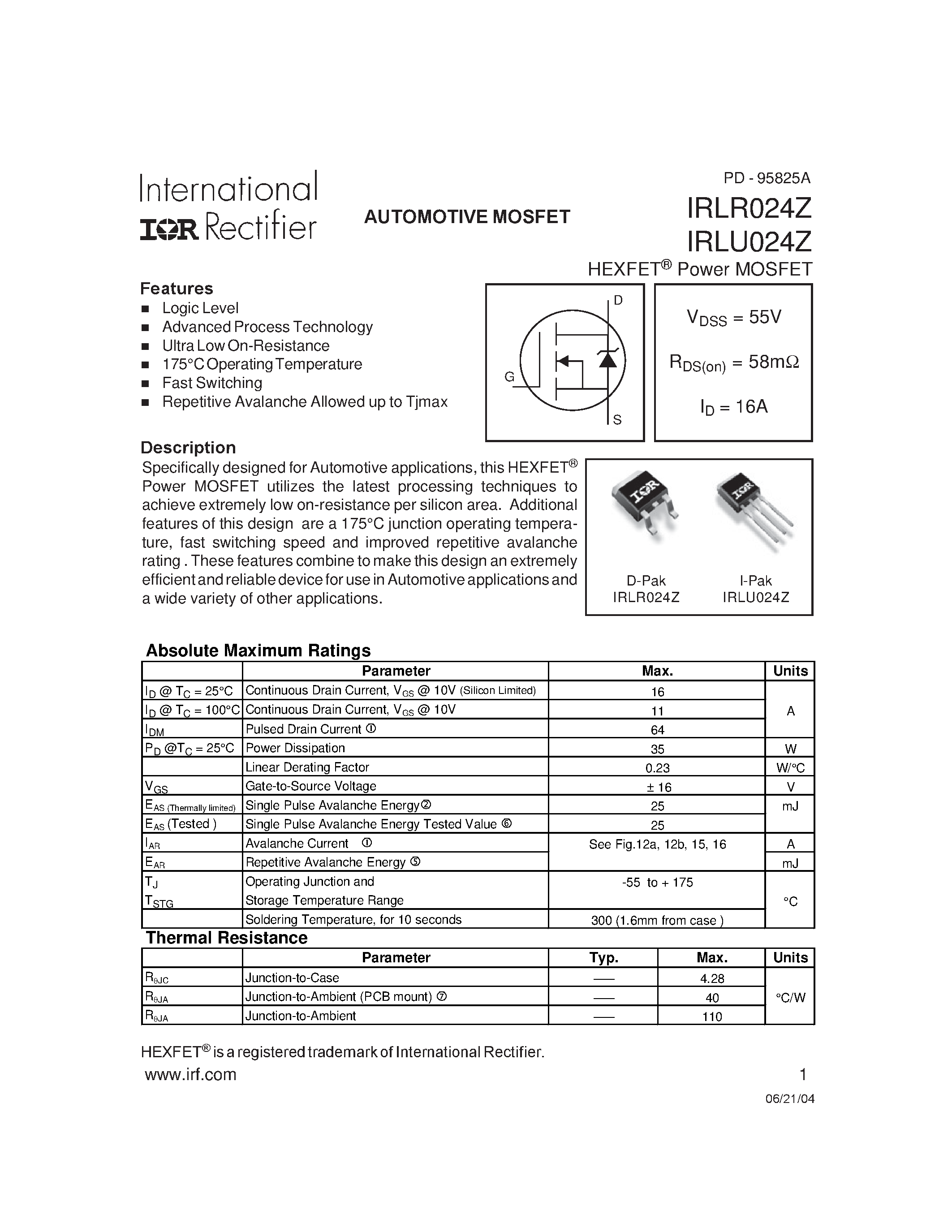 Даташит IRLR024Z - (IRLU/R024Z) Power MOSFET страница 1