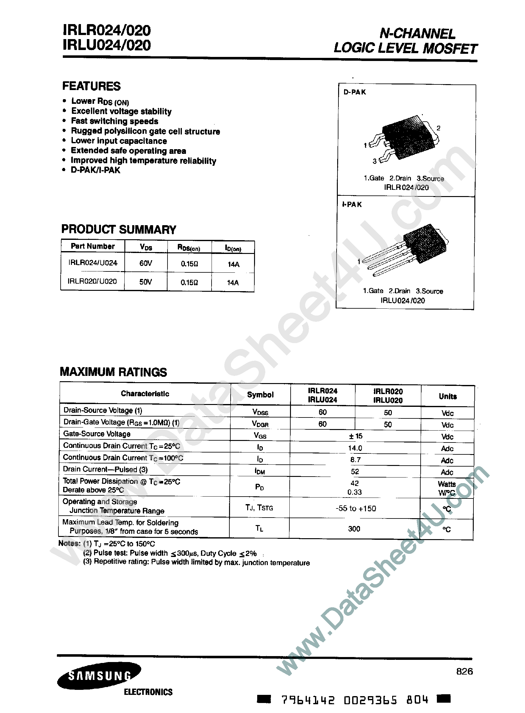 Datasheet IRLR020 - (IRLU020 / IRLU024) N-Channel Logic Level MOSFET page 1