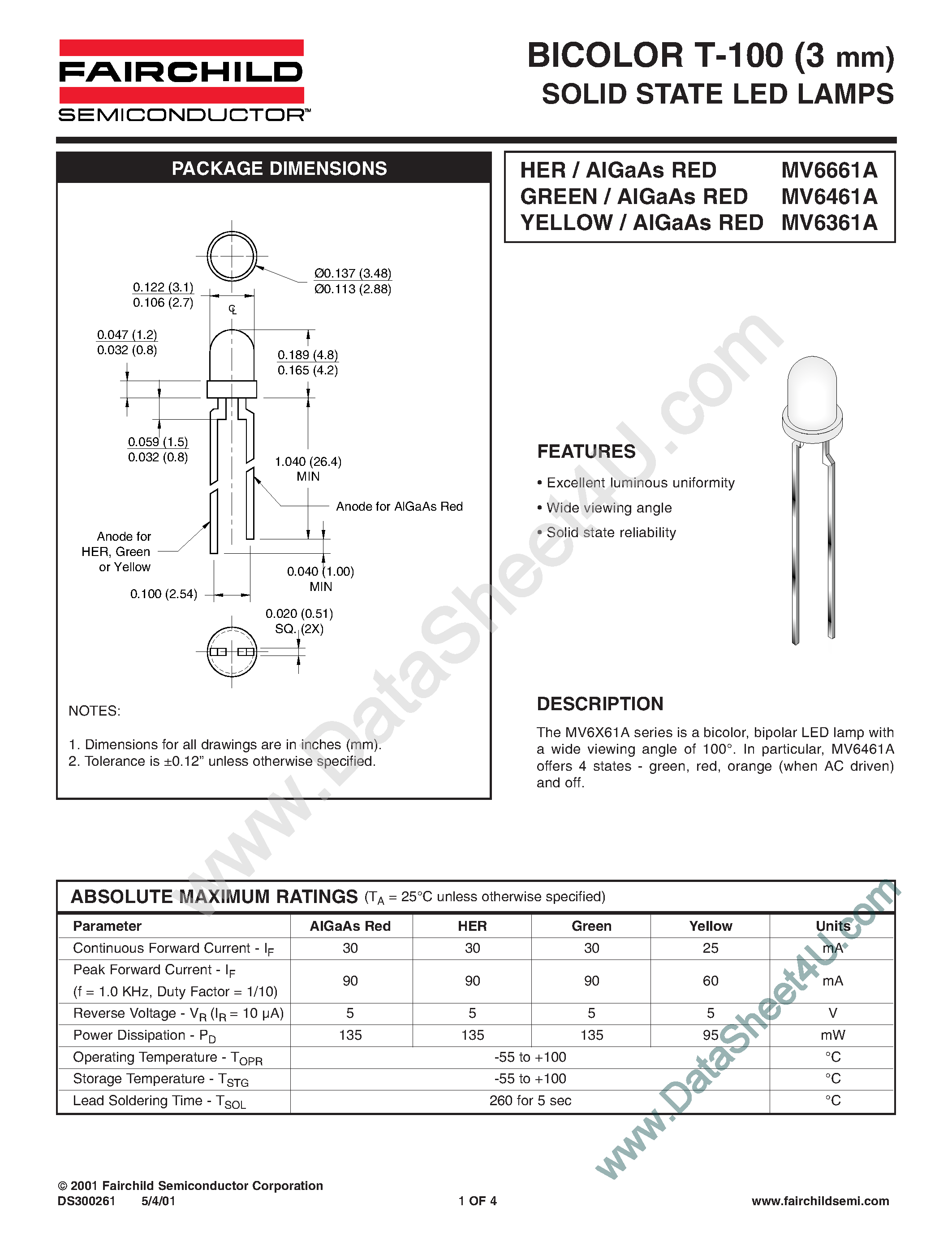 Datasheet MV6361A - (MV6x61A) BICOLOR T-100 (3 mm) SOLID STATE LED LAMPS page 1