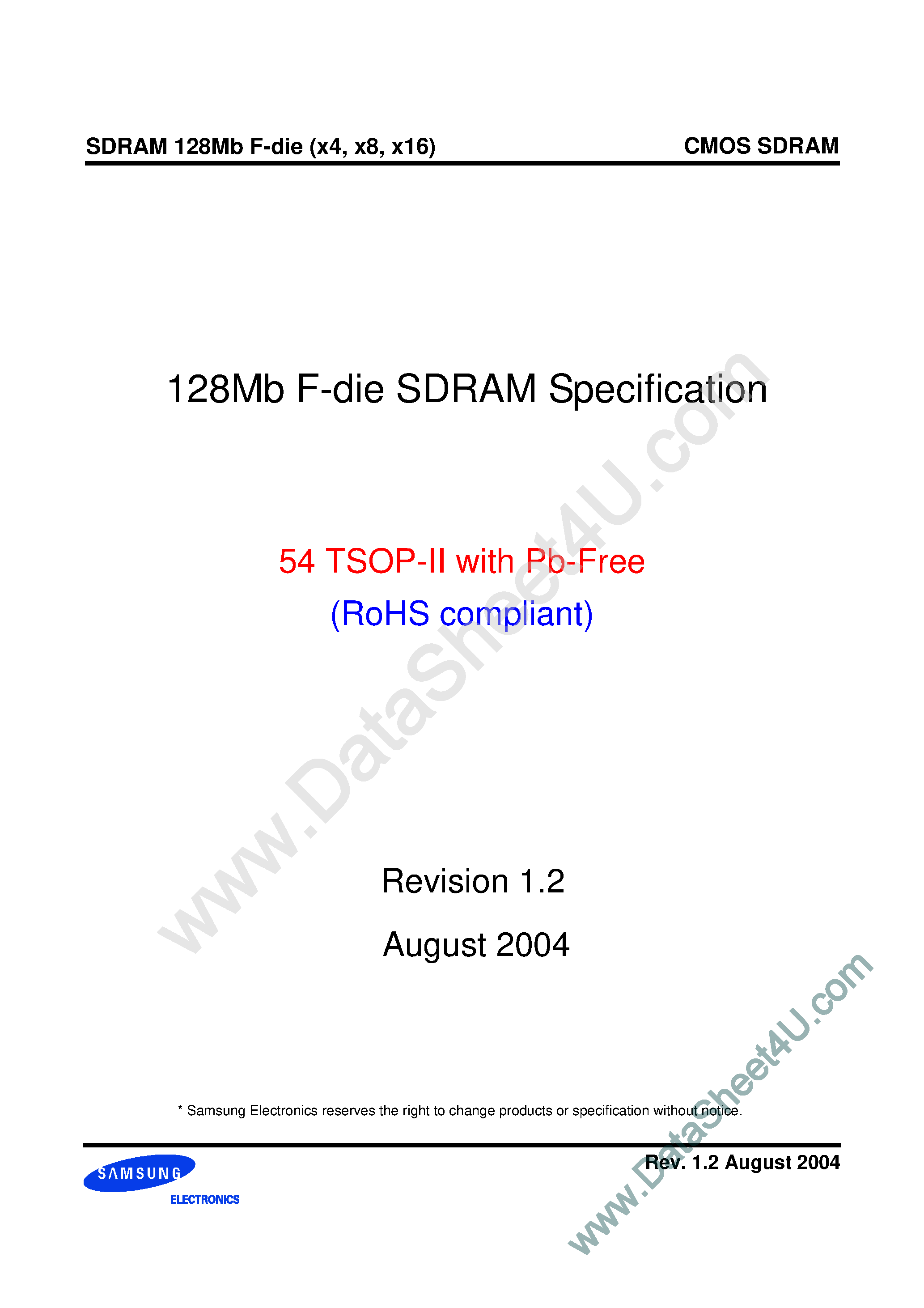 Datasheet K4S281632F-Uxx - 128Mb F-die SDRAM Specification 54 TSOP-II with Pb-Free (RoHS compliant) page 1