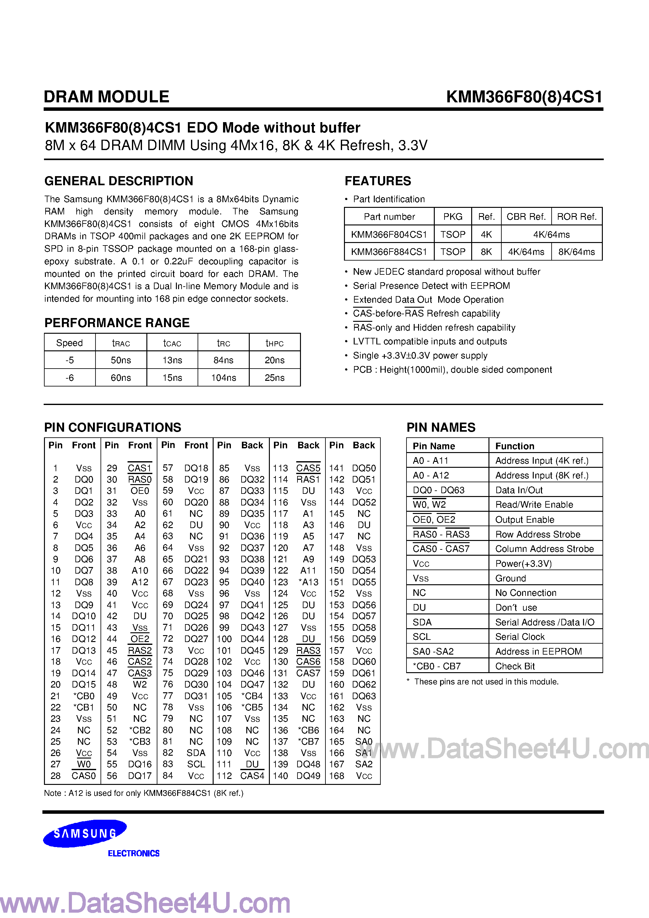 Datasheet KMM366F804CS1 - (KMM366F804(8)CS1) DRAM Module page 1