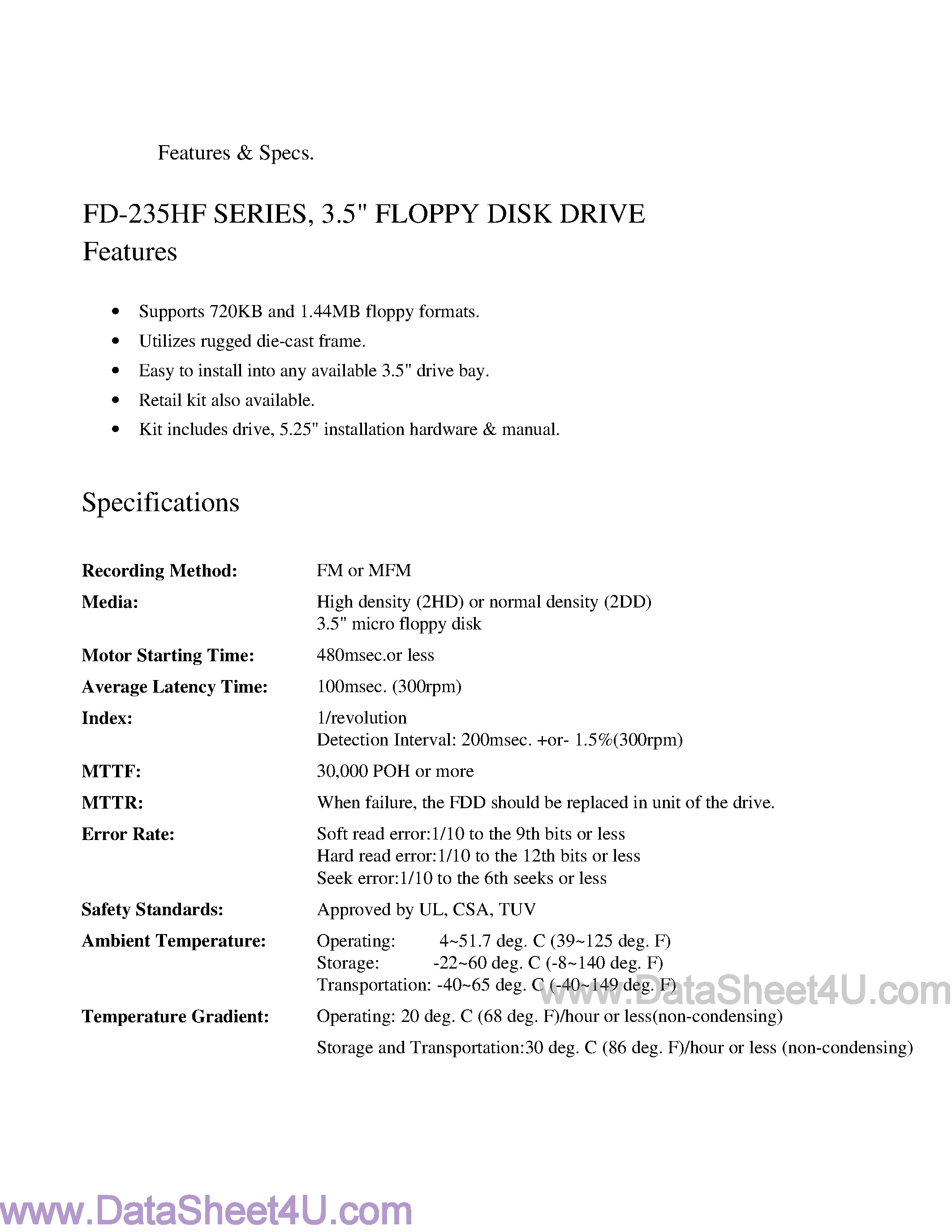 Даташит FD-235HF - (FD-235HF Series) 3.5 Floppy Disk Drive страница 1