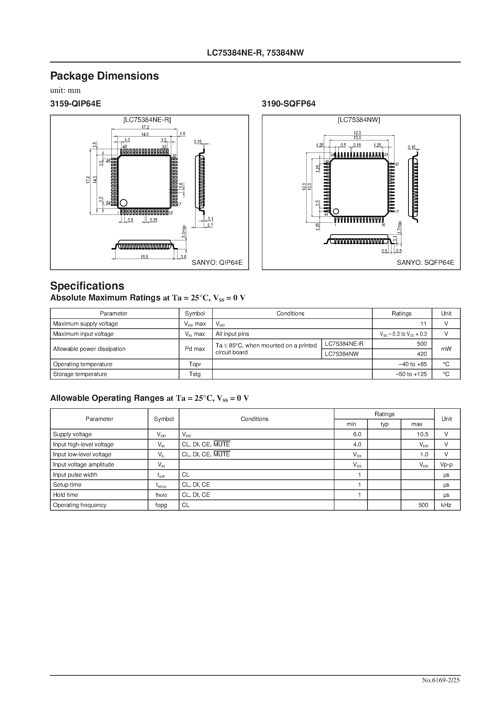 Datasheet LC75384NE-R - (LC75384NE-R/NW) Electronic Volume and Tone Control page 2
