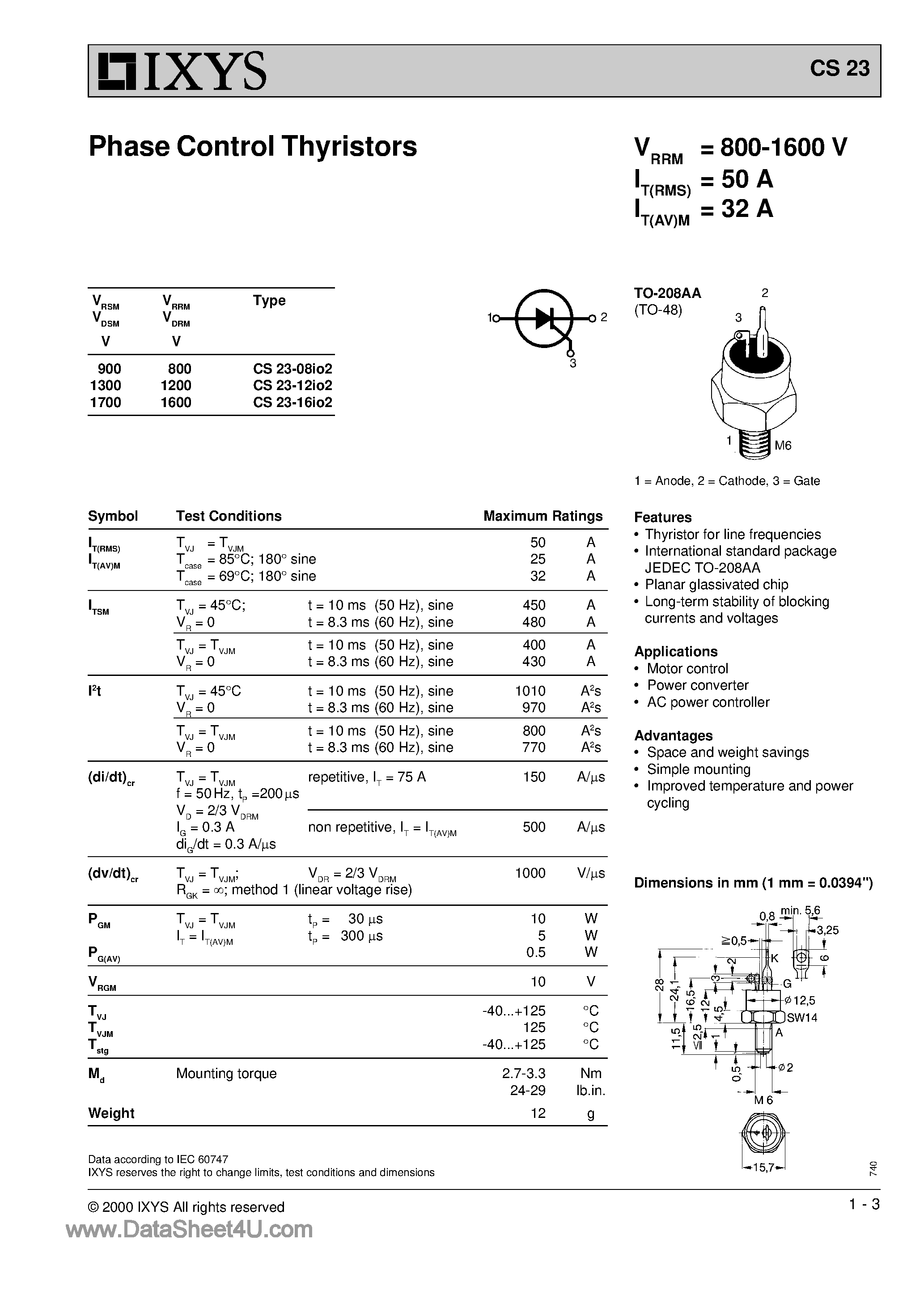 Datasheet CS23-08IO2 - (CS23) Phase Control Thyristors page 1