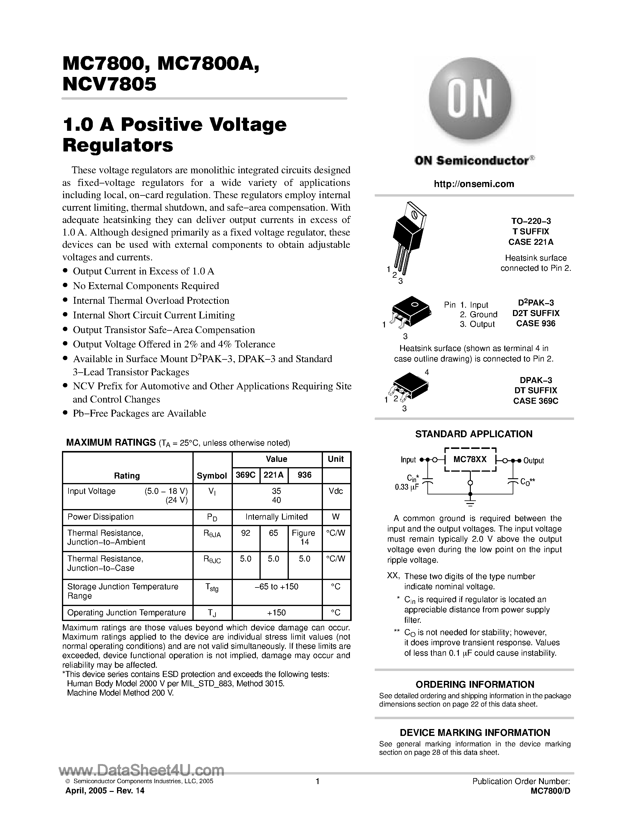 Даташит MC7800 - (MC7800 Series) 1A Positive Voltage Regulator страница 1