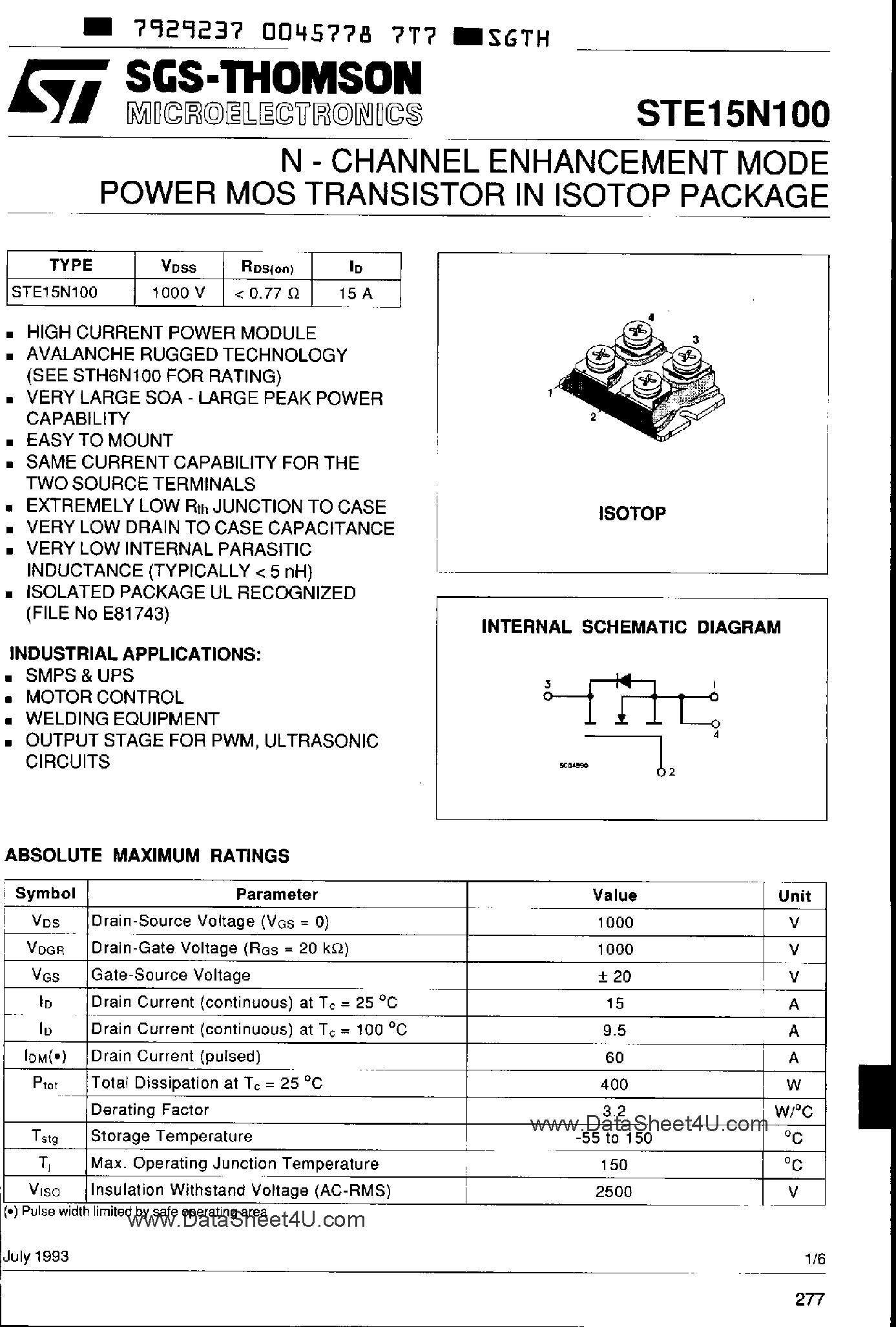 Datasheet STE150N100 - N-CHANNEL ENHANCEMENT MODE Power MOS Transistor page 1