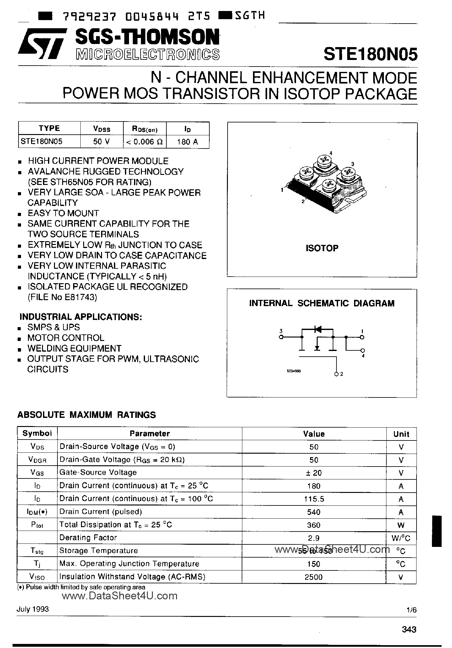 Datasheet STE180N05 - N-CHANNEL ENHANCEMENT MODE Power MOS Transistor page 1