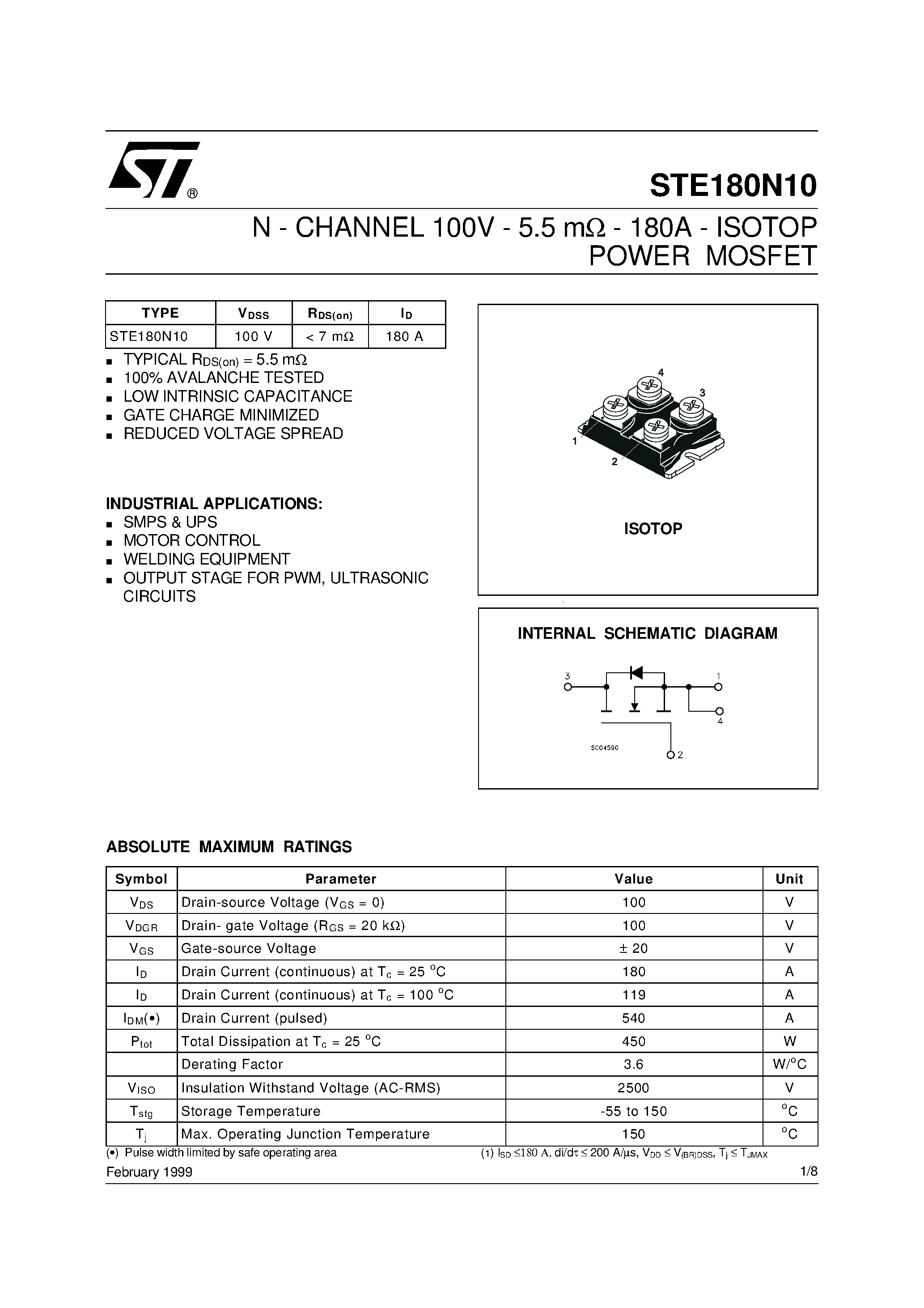 Datasheet STE180N10 - N - CHANNEL 100V - 5.5 mohm - 180A - ISOTOP POWER MOSFET page 1