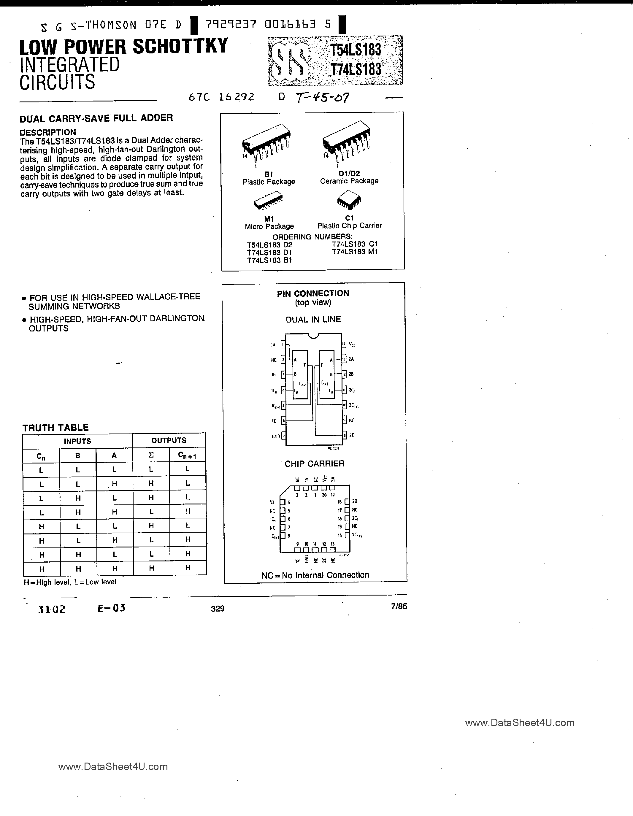 Datasheet T74LS183 - Dual Carry Save Full Adder page 1