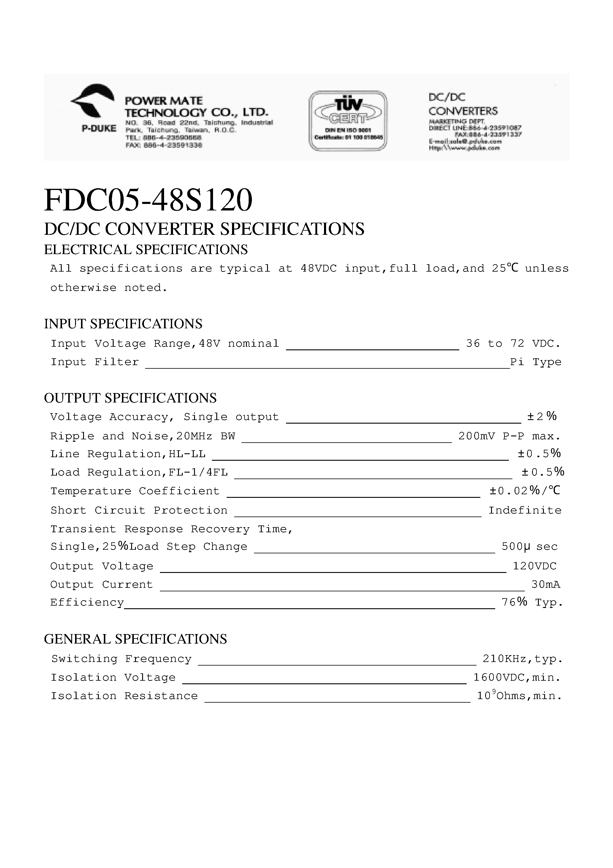 Datasheet FDC05-48S120 - DC/DC Converter page 1