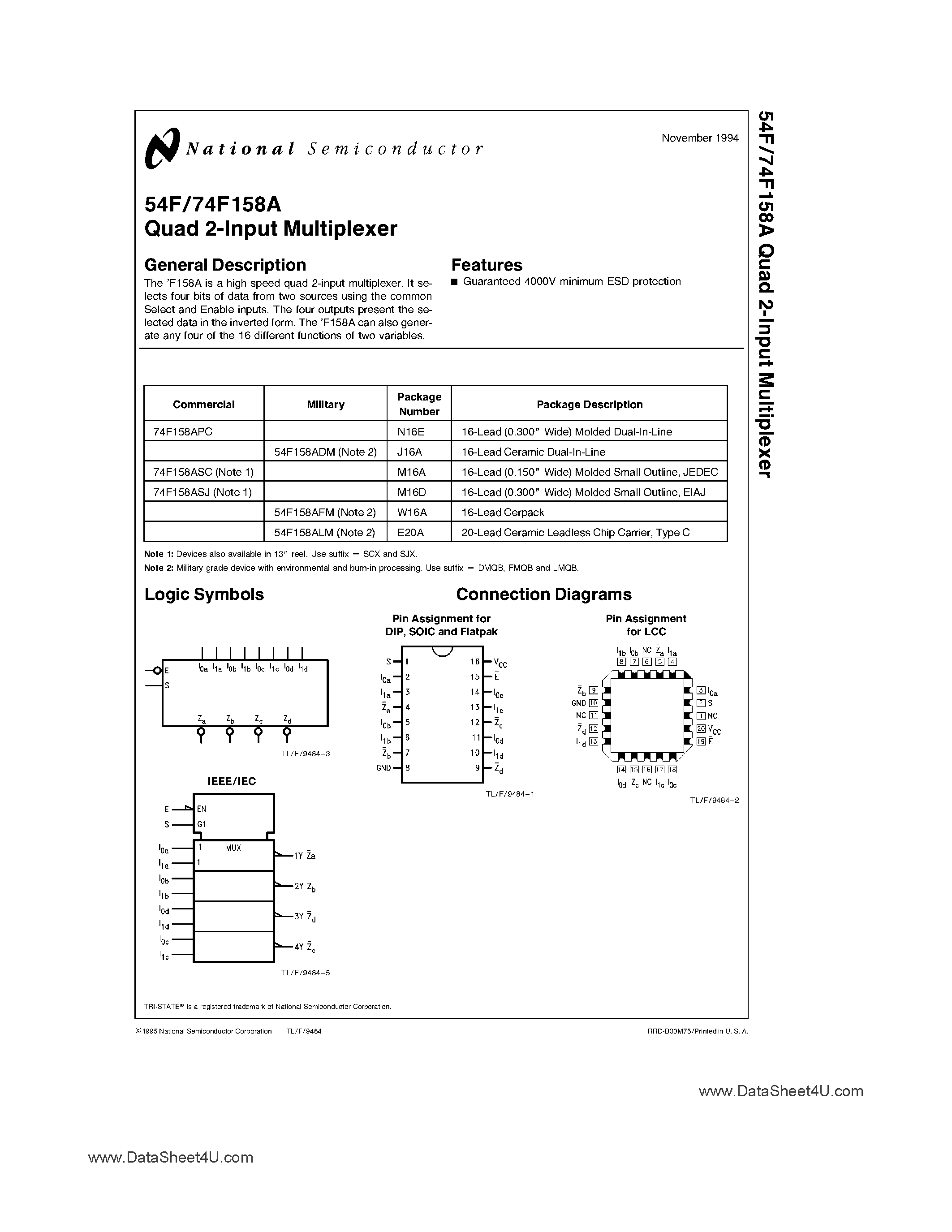 Даташит 54F158A - Quad 2-Input Multiplexer страница 1