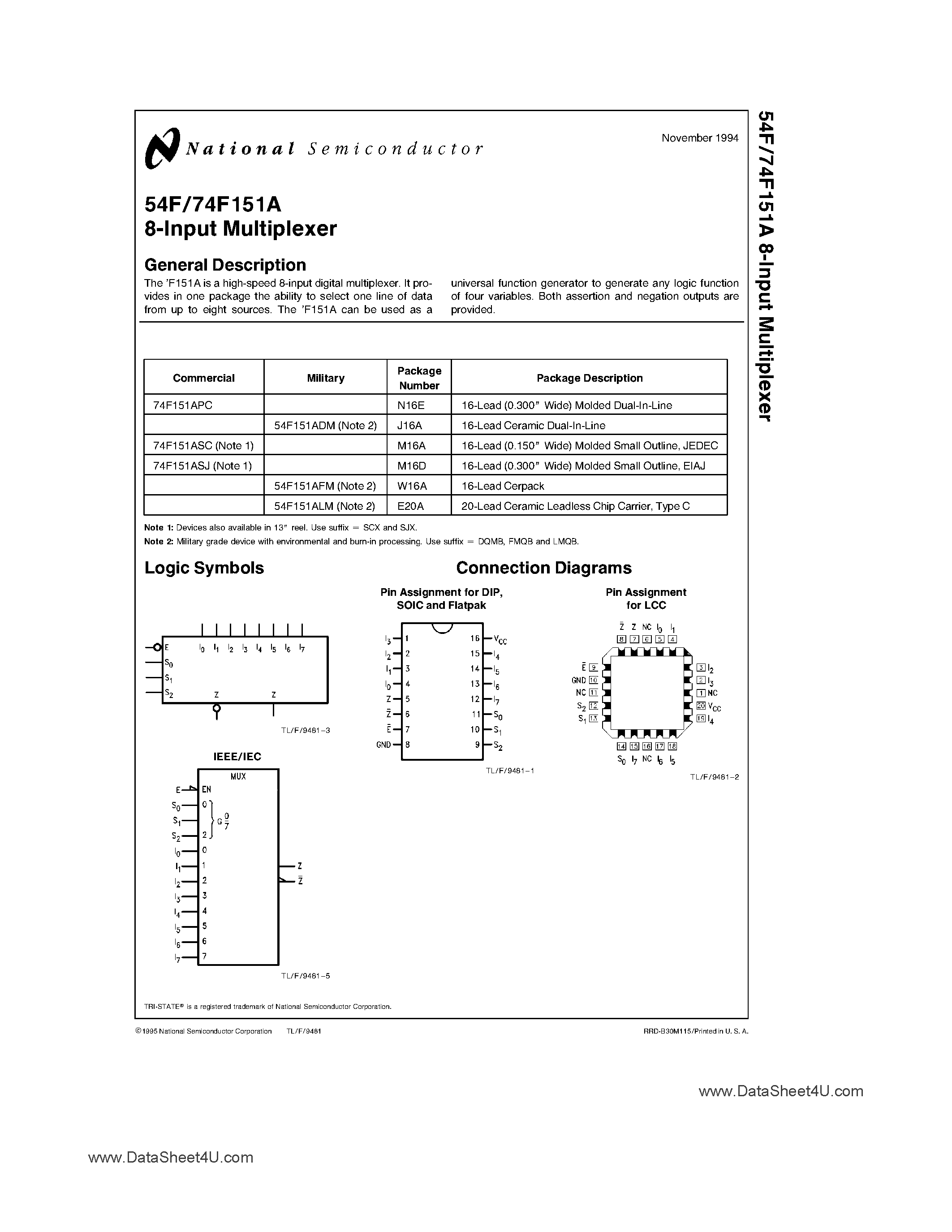 Даташит 54F151A - 8-Input Multiplexer страница 1