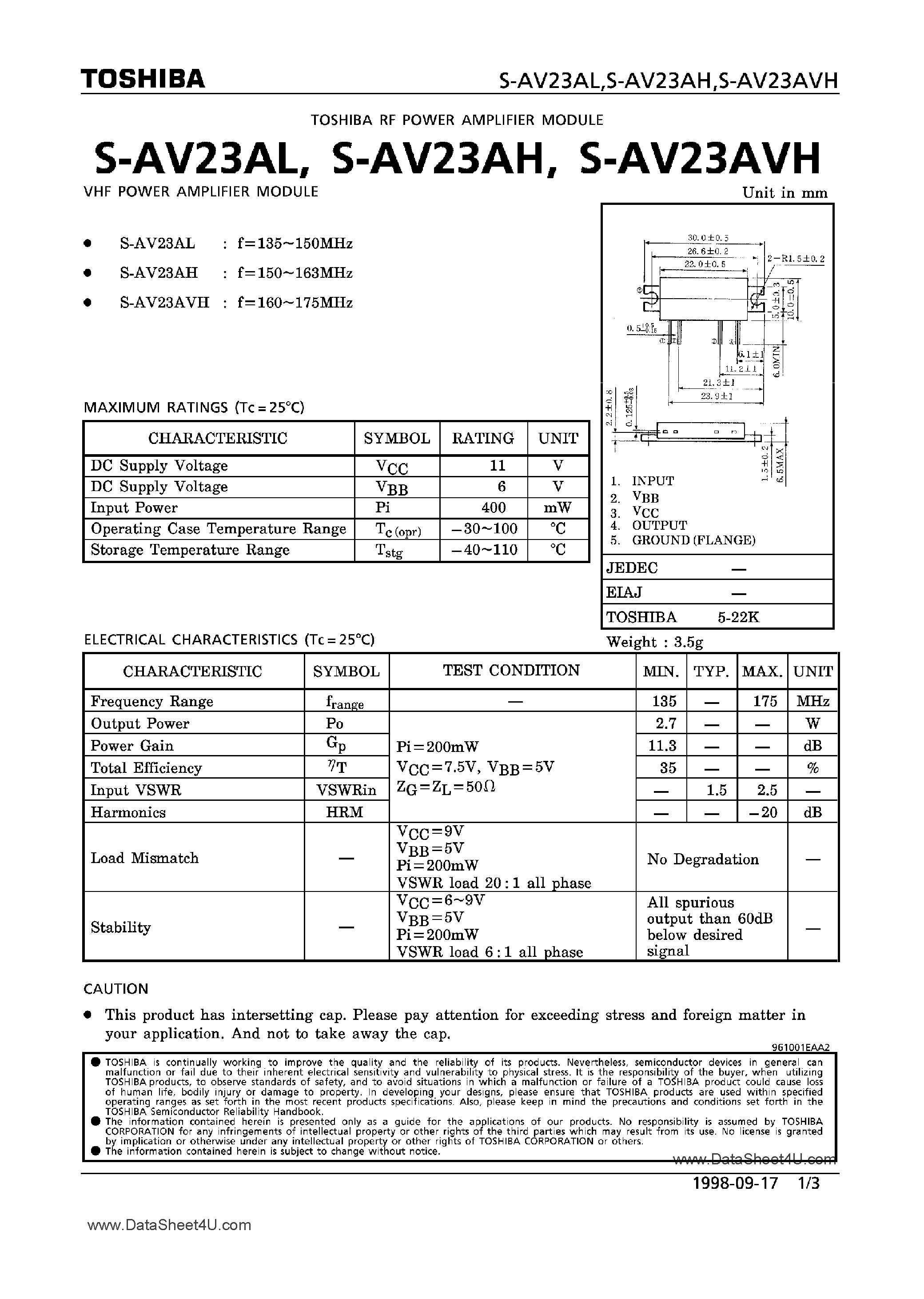 Даташит S-AV23AH - (S-AV23xx) VHF Power Amplifier Module страница 1