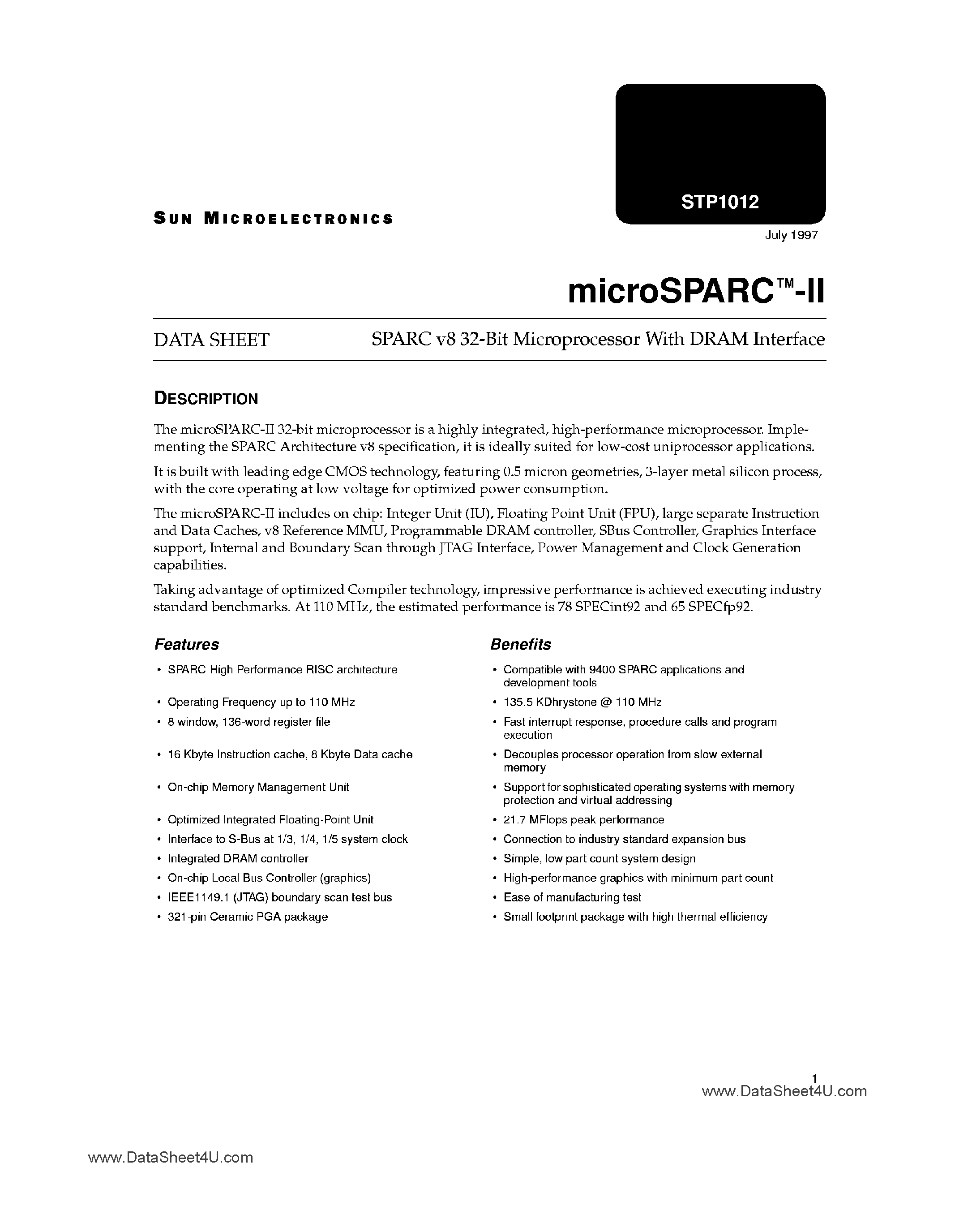 Datasheet STP1012 - 32-Bit Microprocessor page 1