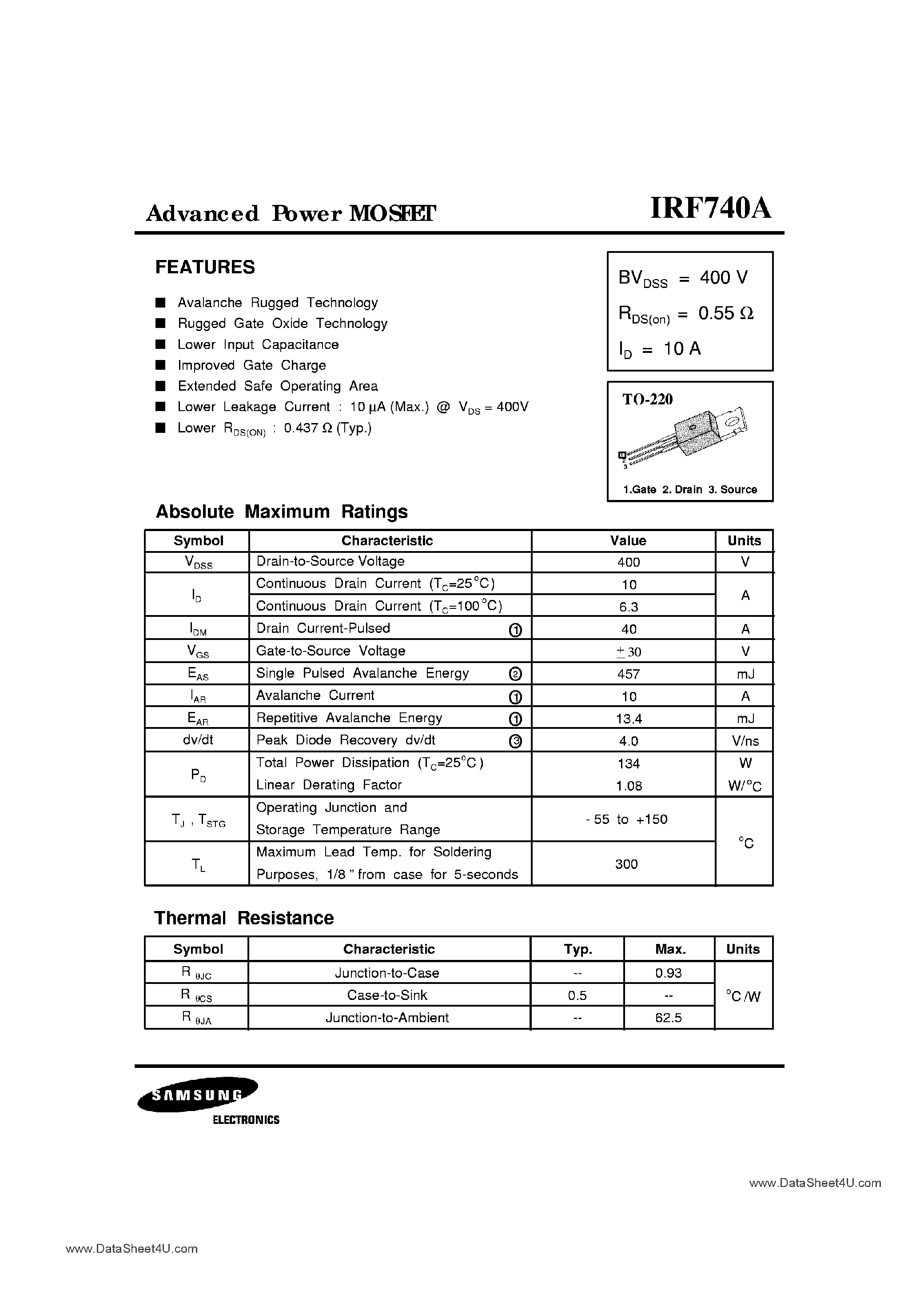 Datasheet IRF740A - Advanced Power MOSFET page 1