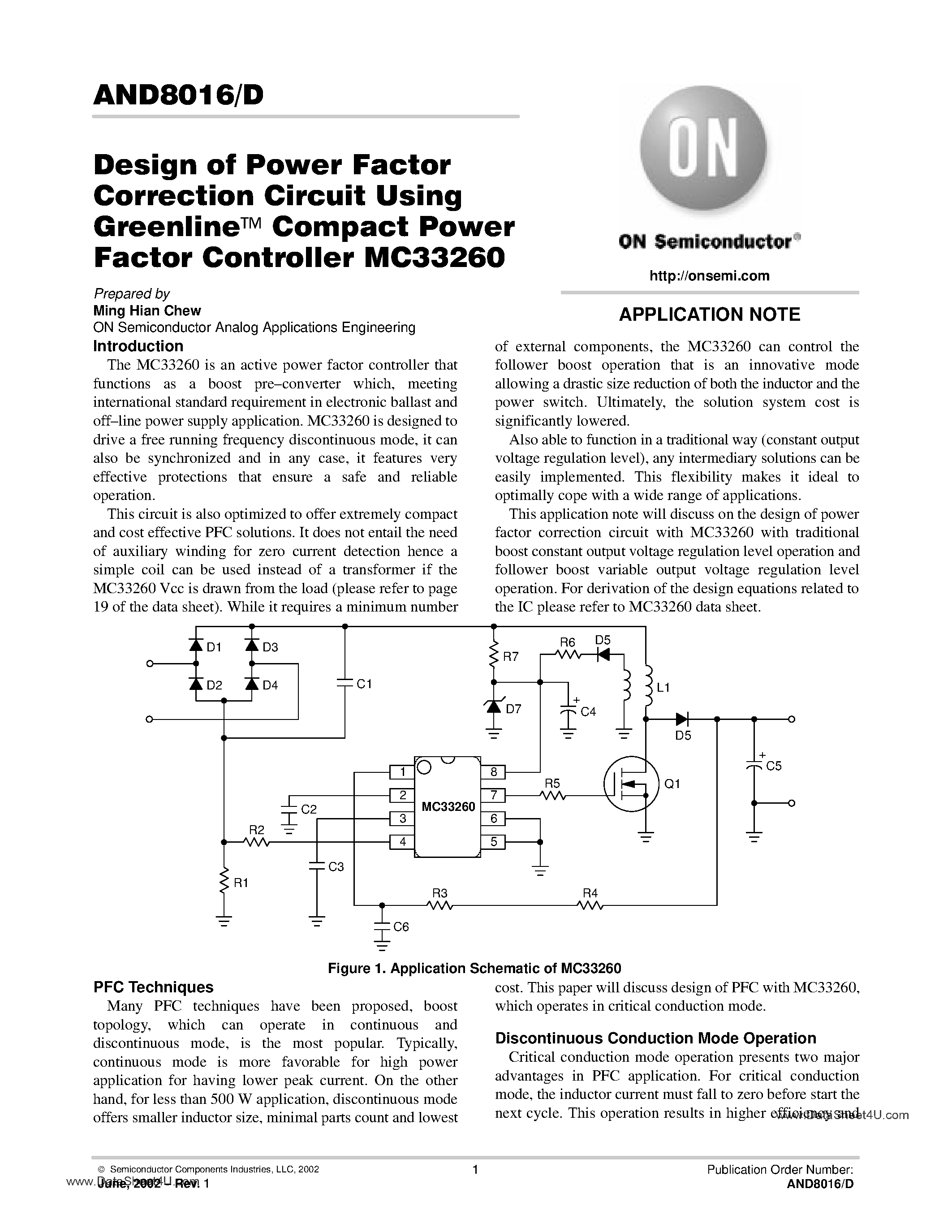 Datasheet AND8016/D - Design of Power Factor Correction Circuit Using Greenline Compact Power Factor Controller page 1