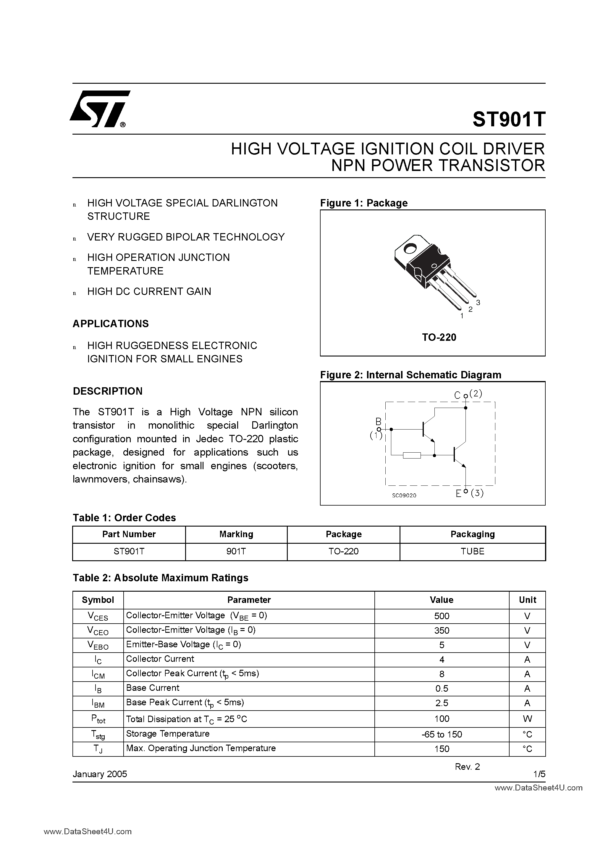 Datasheet ST901T - HIGH VOLTAGE IGNITION COIL DRIVER NPN POWER DARLINGTON page 1