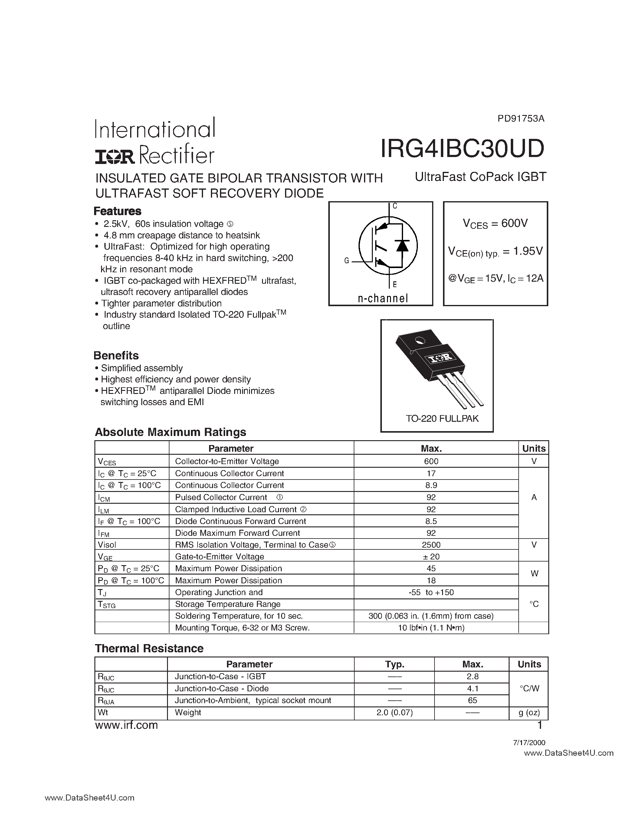 Datasheet IRG41BC30UD - Ultra Fast CoPack IGBT page 1