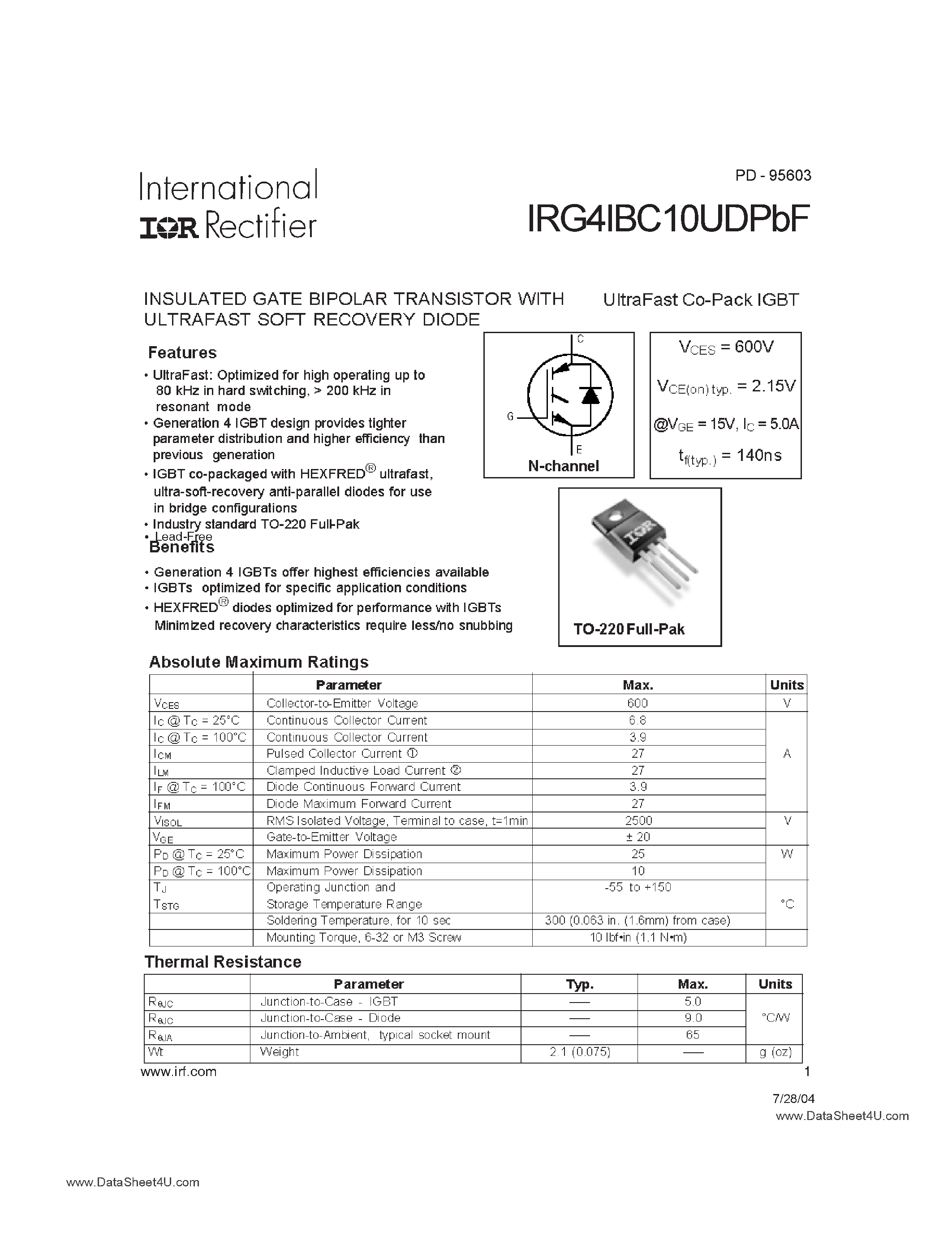 Datasheet IRG41BC10UDPBF - Insulated Gate Bipolar Transistor page 1