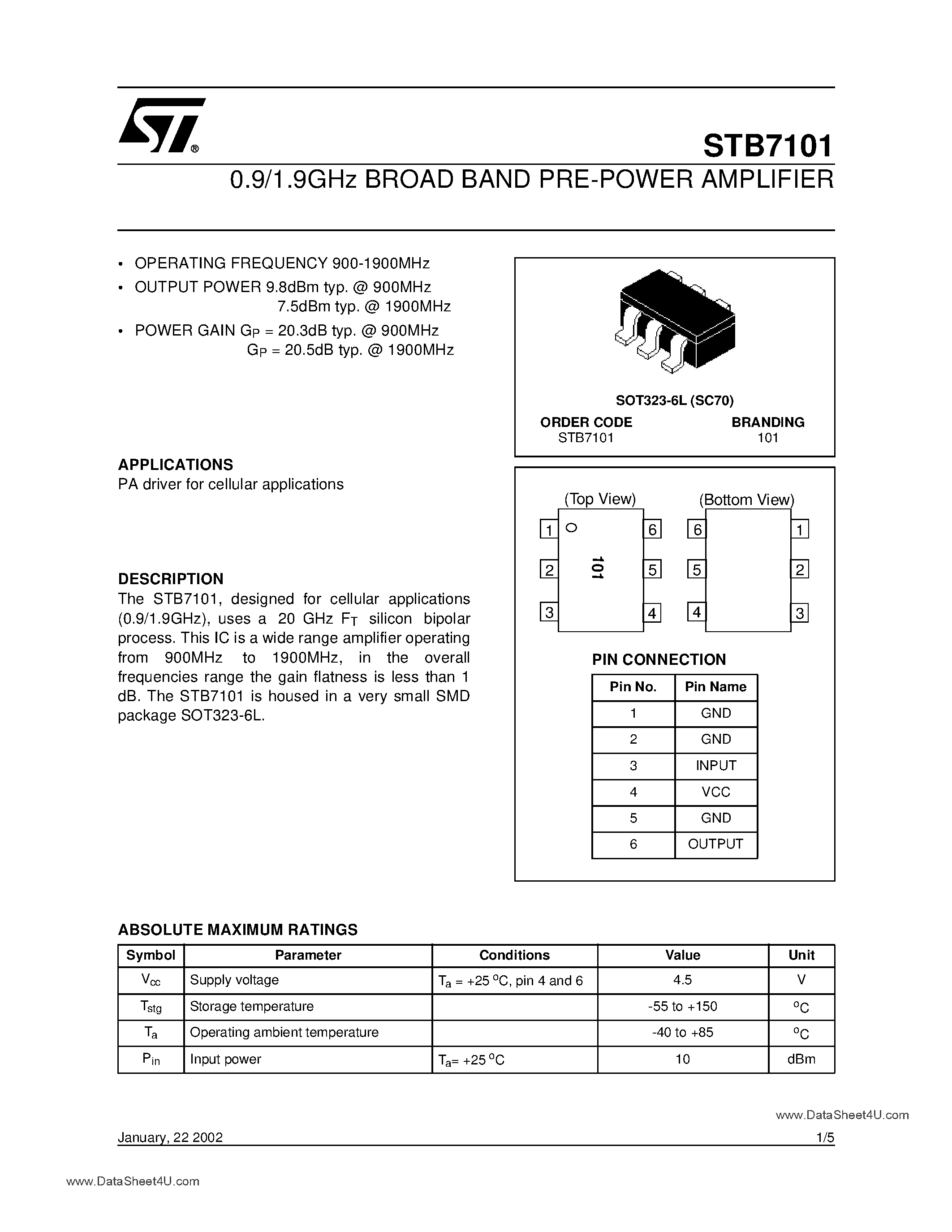 Datasheet STB7101 - 0.9/1.9GHz BROAD BAND PRE-POWER AMPLIFIER page 1