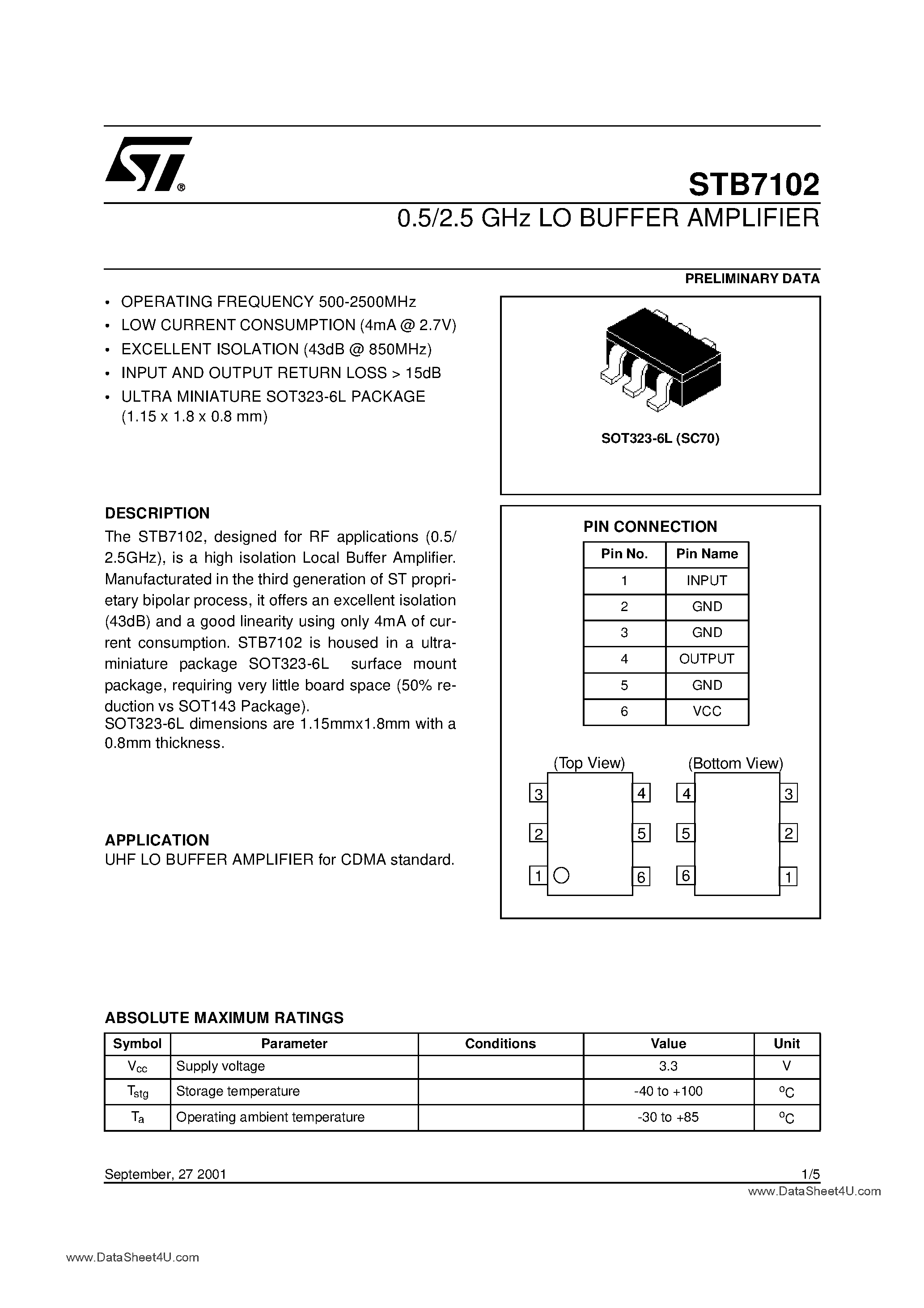 Datasheet STB7102 - 0.5/2.5 GHz LO MMIC BUFFER AMPLIFIERS page 1