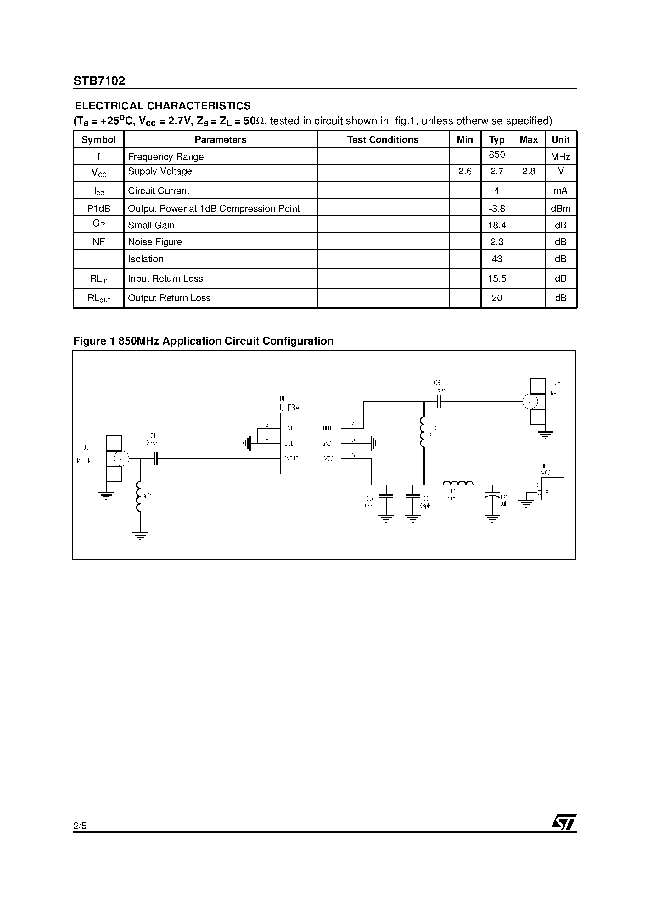Datasheet STB7102 - 0.5/2.5 GHz LO MMIC BUFFER AMPLIFIERS page 2