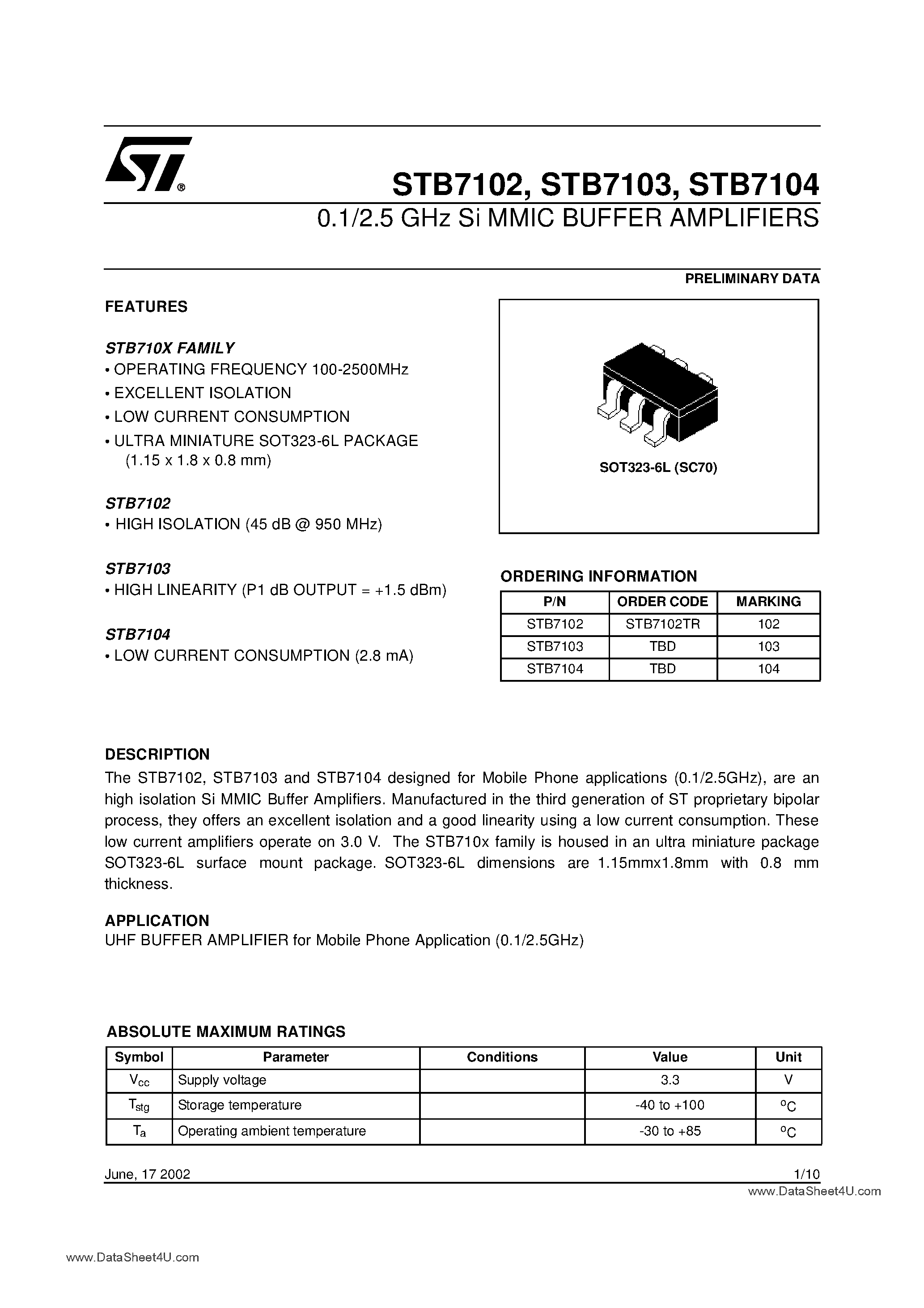 Datasheet STB7102 - (STB7102 - STB7104) 0.1/2.5 GHz Si MMIC BUFFER AMPLIFIERS page 1