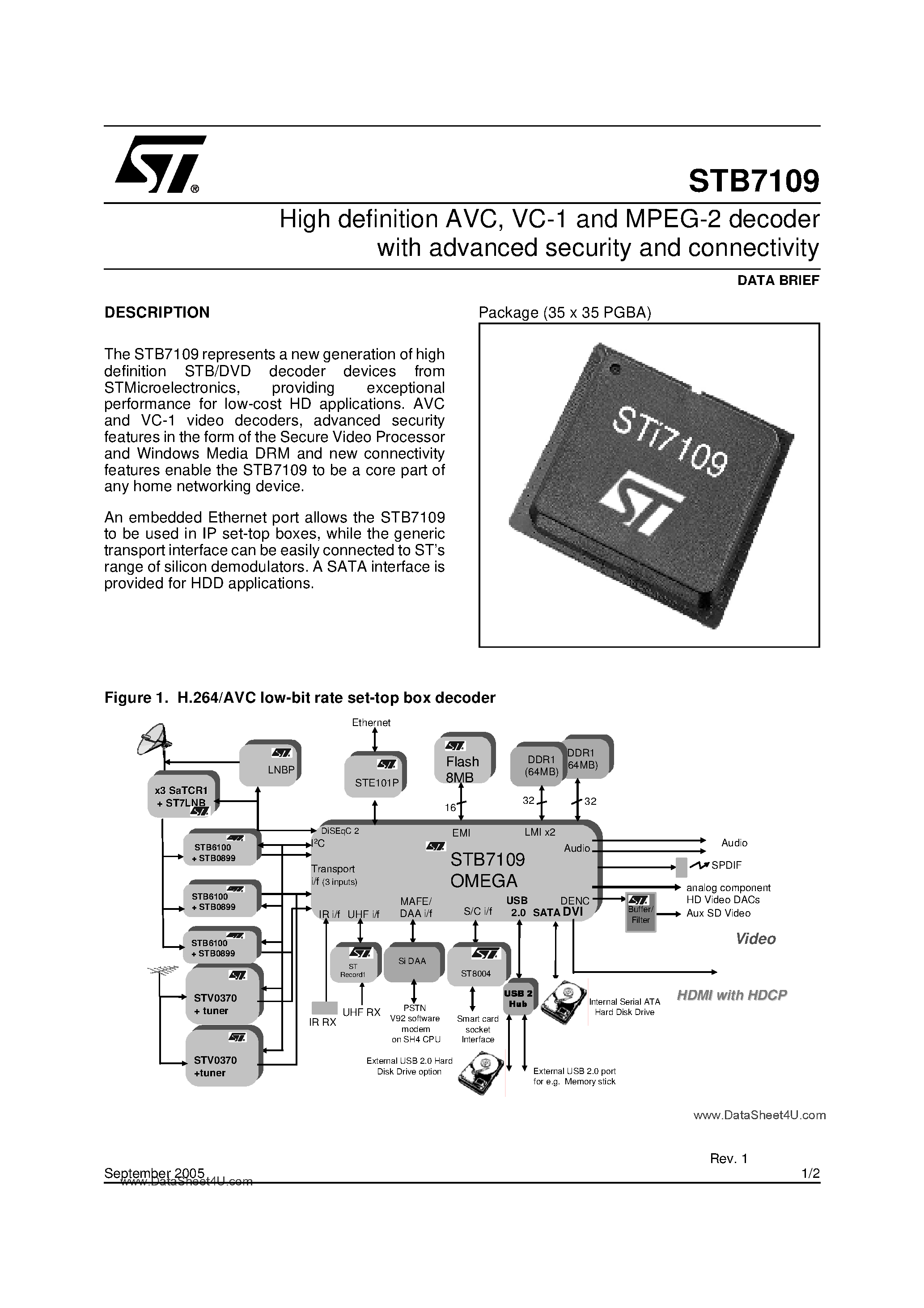 Datasheet STB7109 - High definition AVC / VC-1 and MPEG-2 decoder page 1