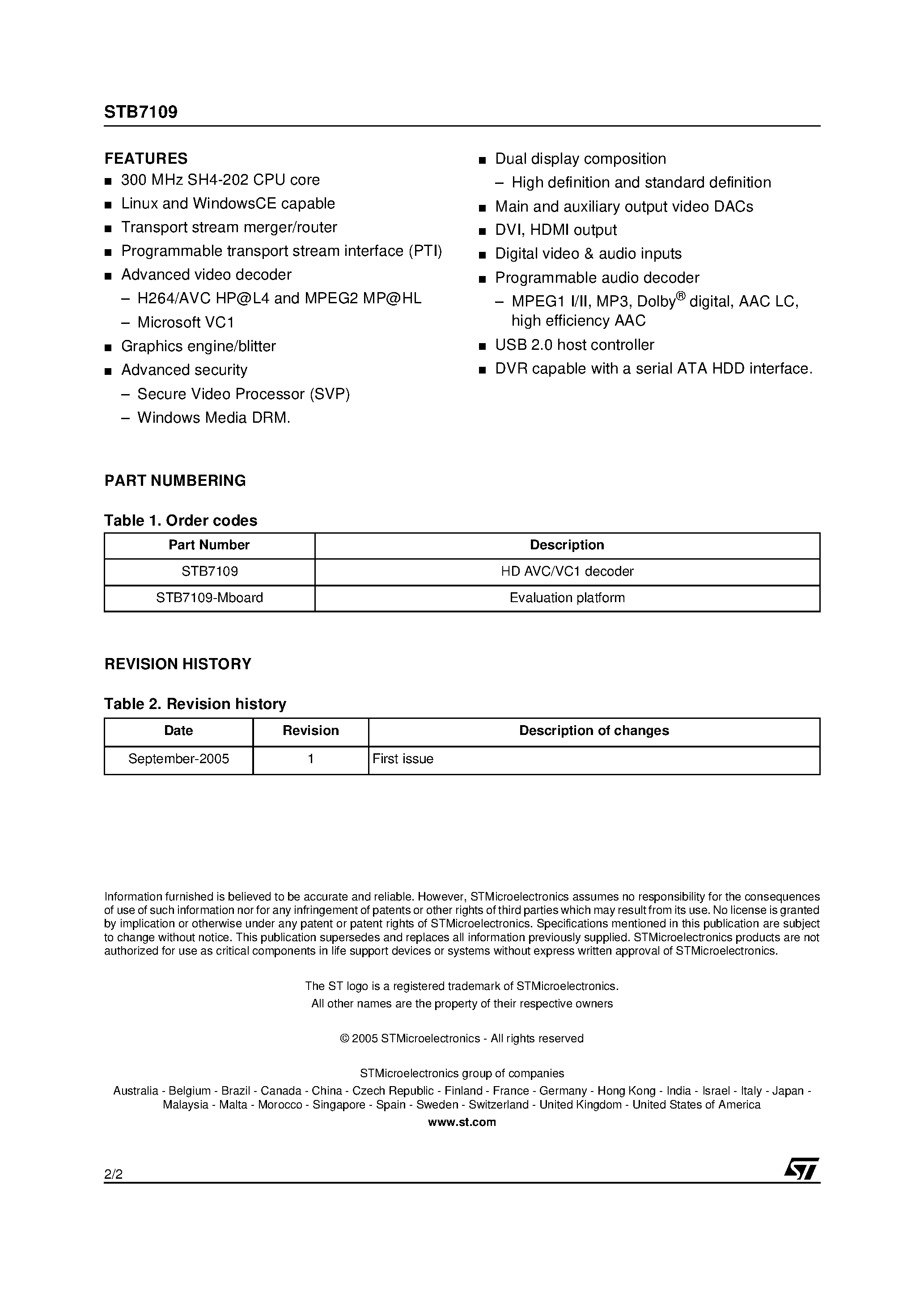 Datasheet STB7109 - High definition AVC / VC-1 and MPEG-2 decoder page 2