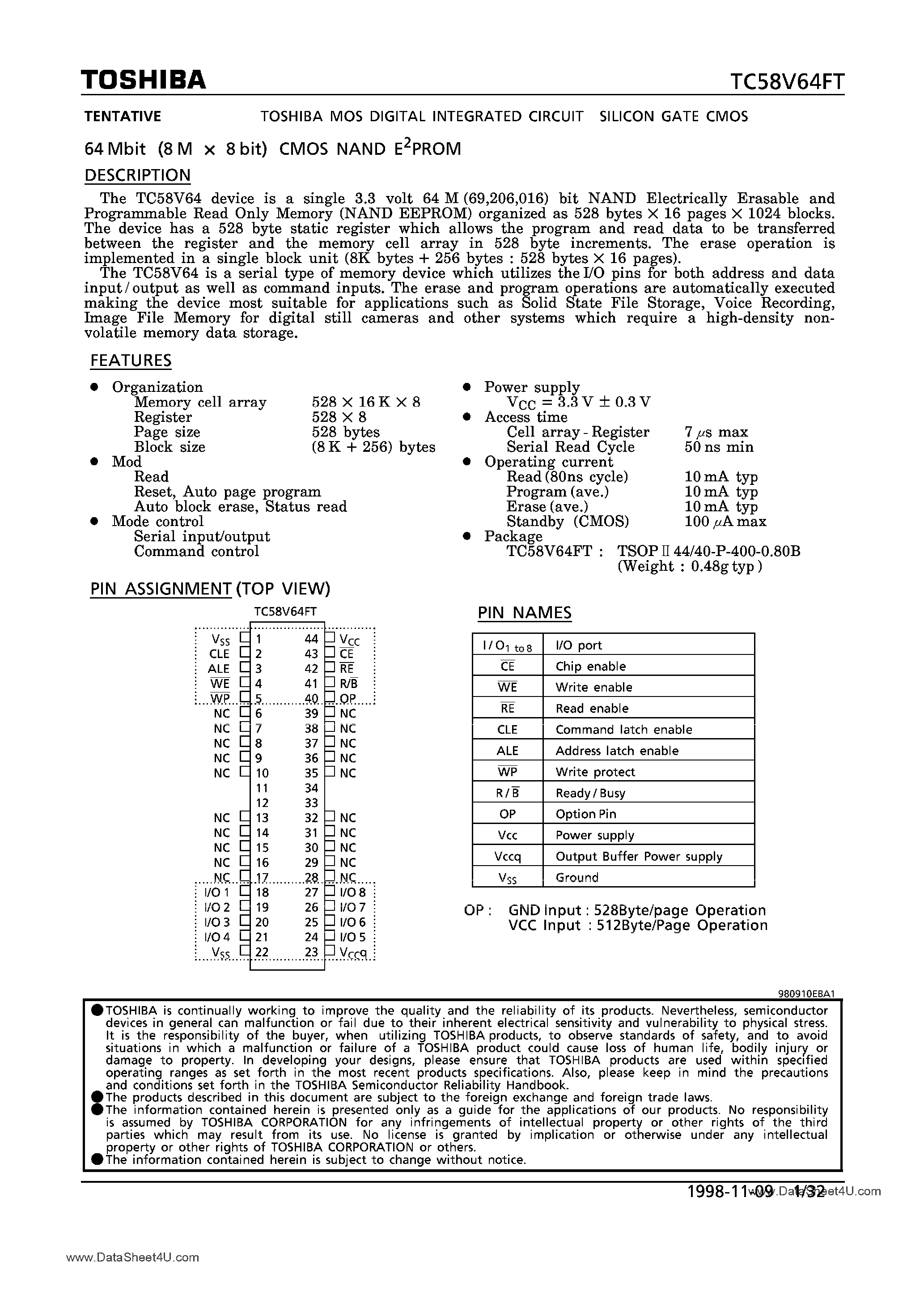 Даташит TC58V64FT - 64M-Bit CMOS NAND EPROM страница 1