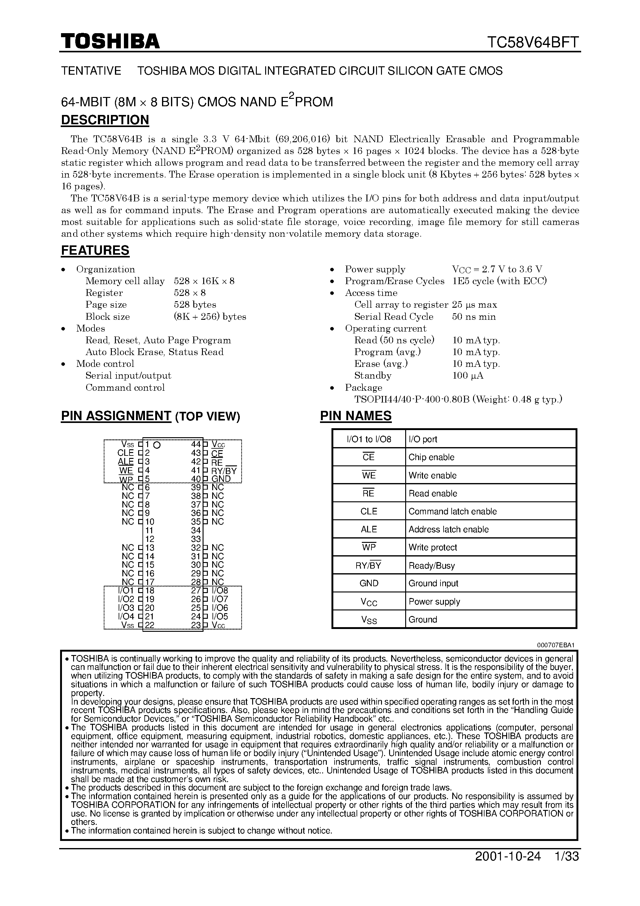 Даташит TC58V64BFT - 64M-Bit CMOS NAND EPROM страница 1