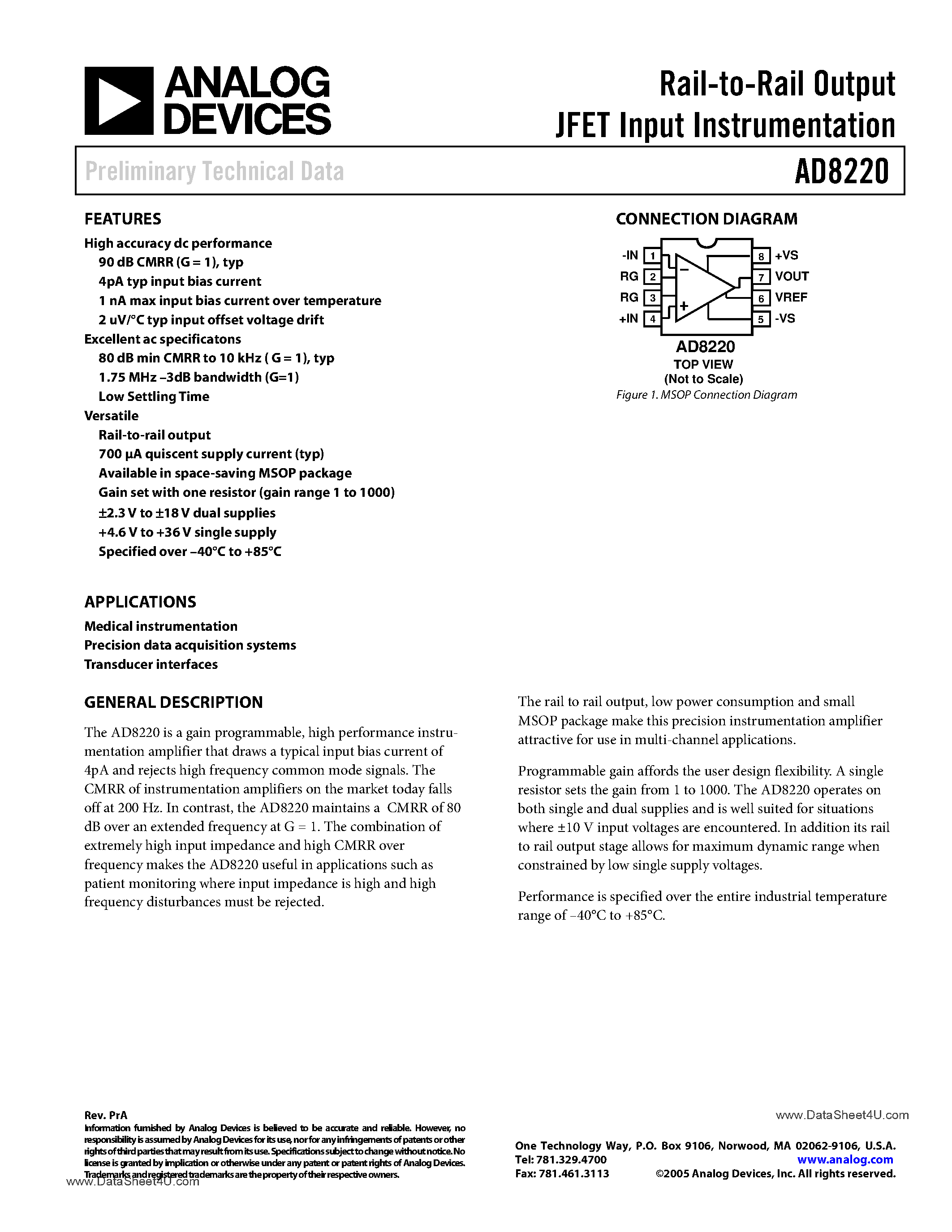 Datasheet AD8220 - Rail-to-Rail Output JFET Input Instrumentation page 1