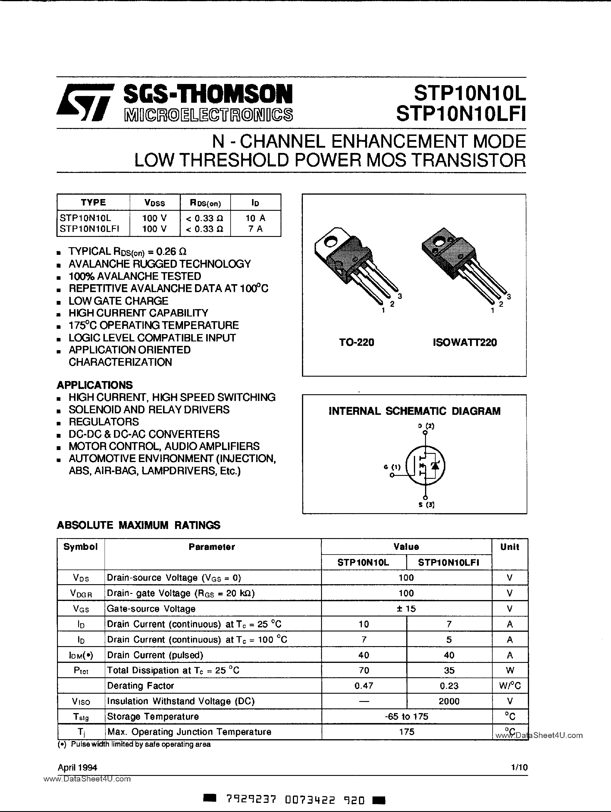 Datasheet STP10N10L - N-Channel Enhancement Mode Low Threshold Power MOS Transistor page 1