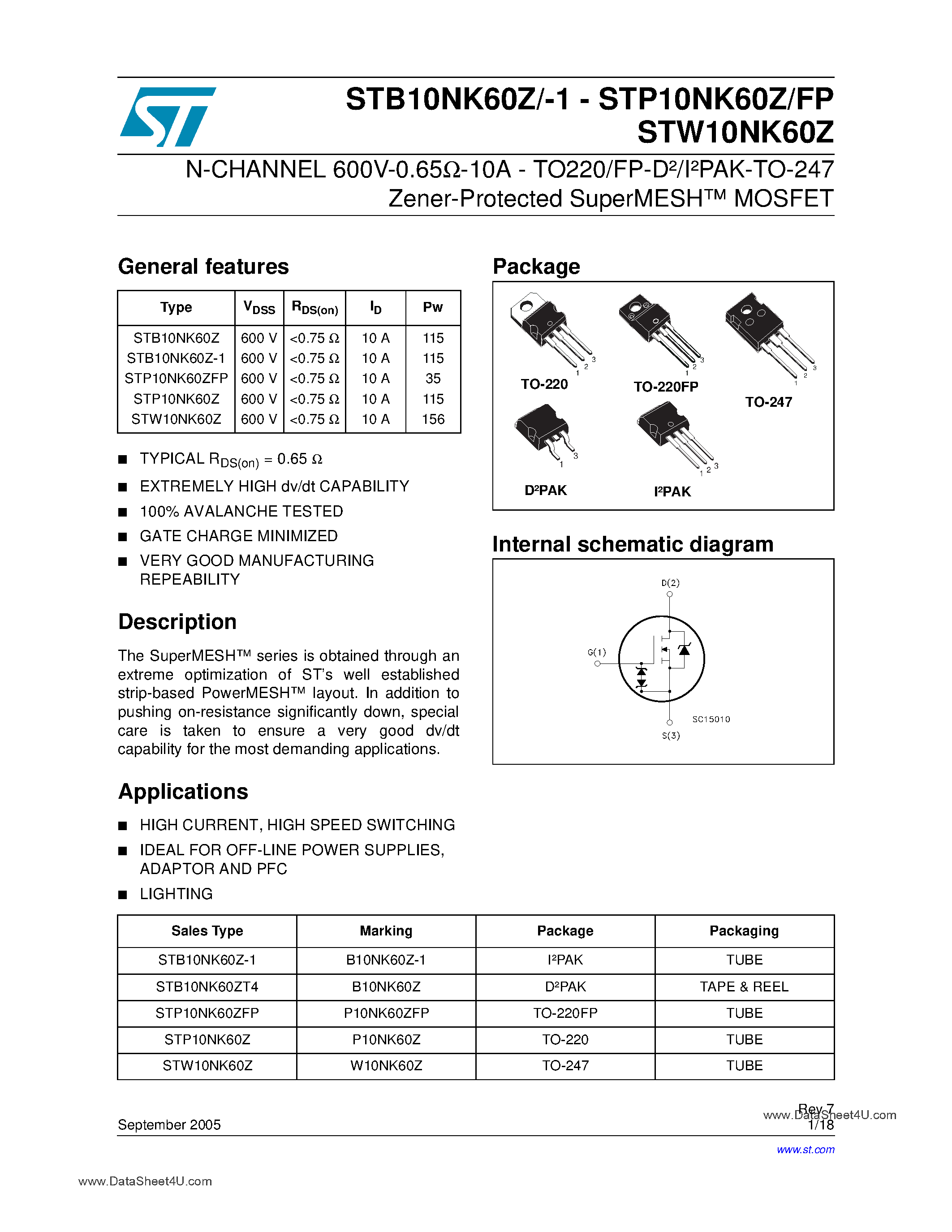 Даташит STP10NK60Z - N-CHANNEL Power MOSFET страница 1