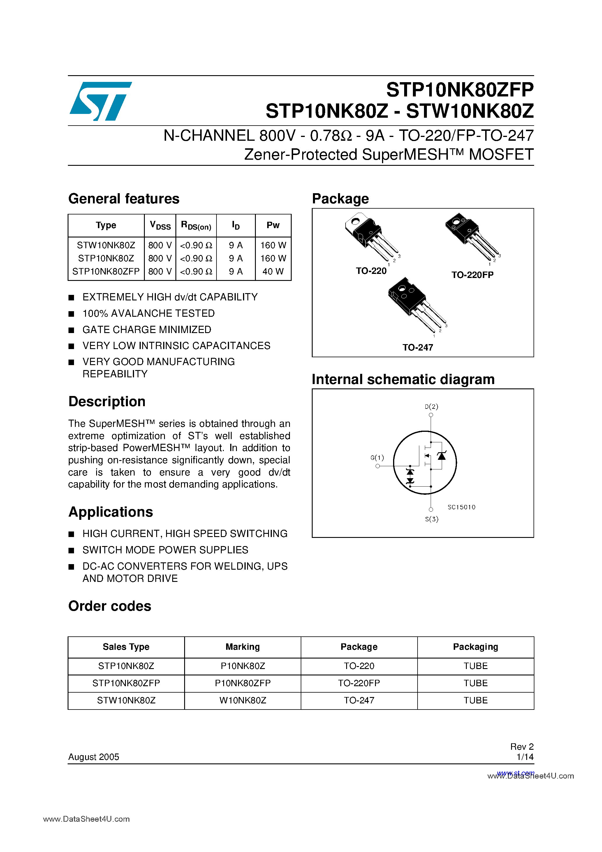 Datasheet STP10NK80Z - N-CHANNEL Power MOSFET page 1