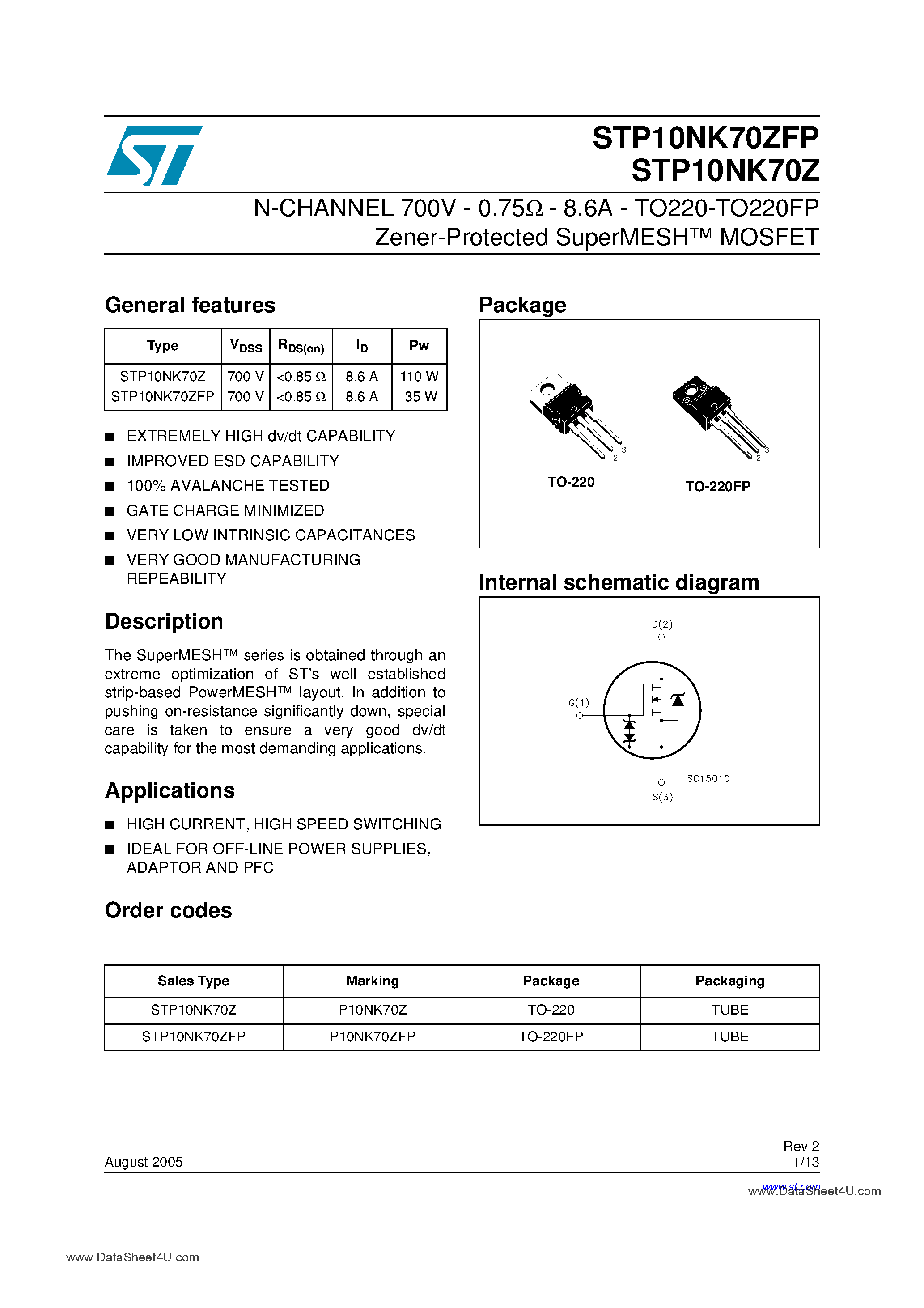 Datasheet STP10NK70Z - N-CHANNEL Power MOSFET page 1
