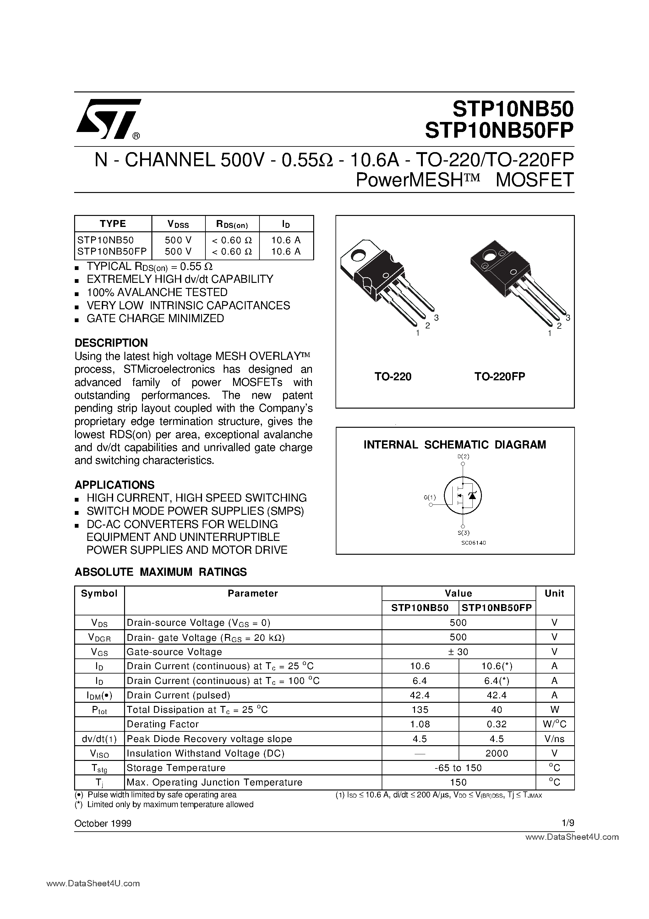 Datasheet STP10NB50 - N-CHANNEL Power MOSFET page 1
