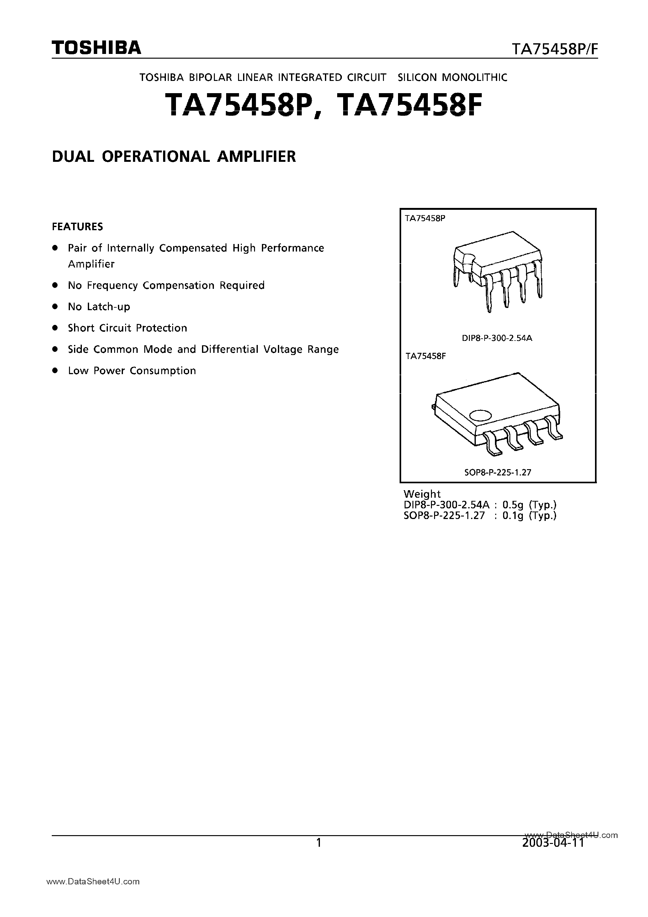 Даташит TA75458F - (TA75458P/F) DUAL OPERATIONAL AMPLIFIER страница 1