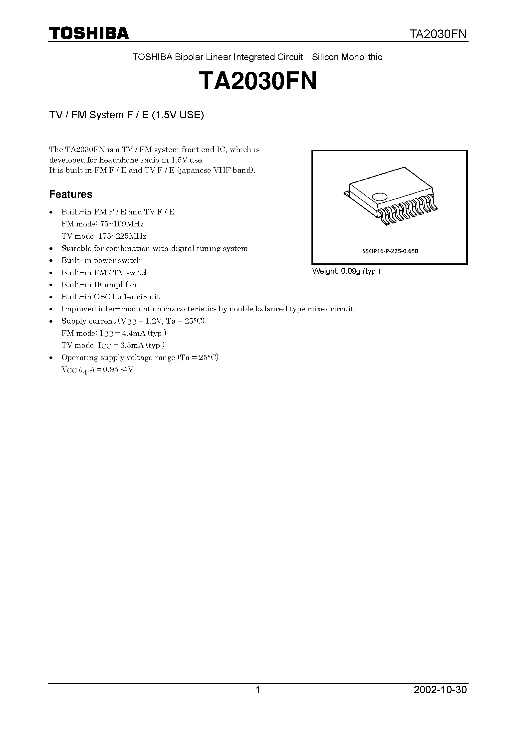 Даташит TA2030FN - TV/FM SYSTEM F/E (1.5V USE) страница 1