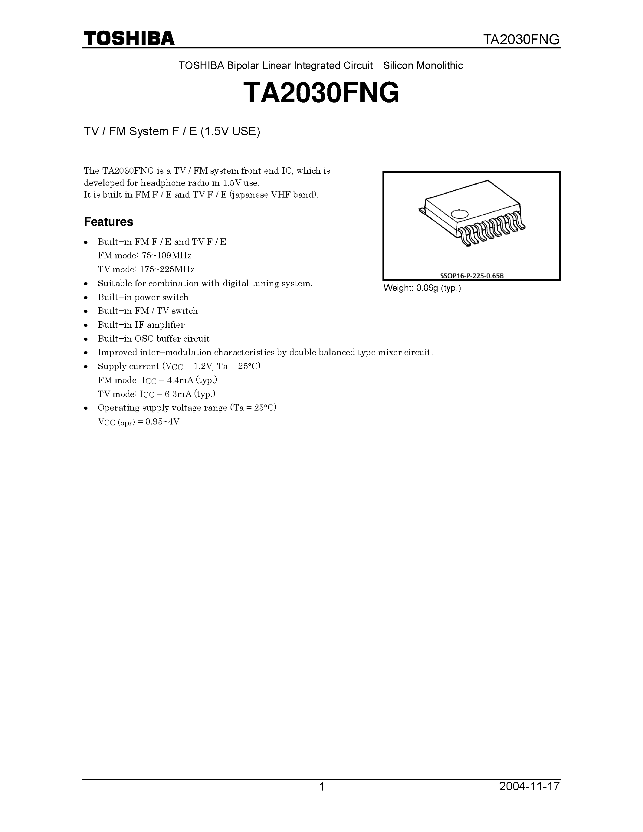 Даташит TA2030FNG - TV/FM SYSTEM F/E (1.5V USE) страница 1