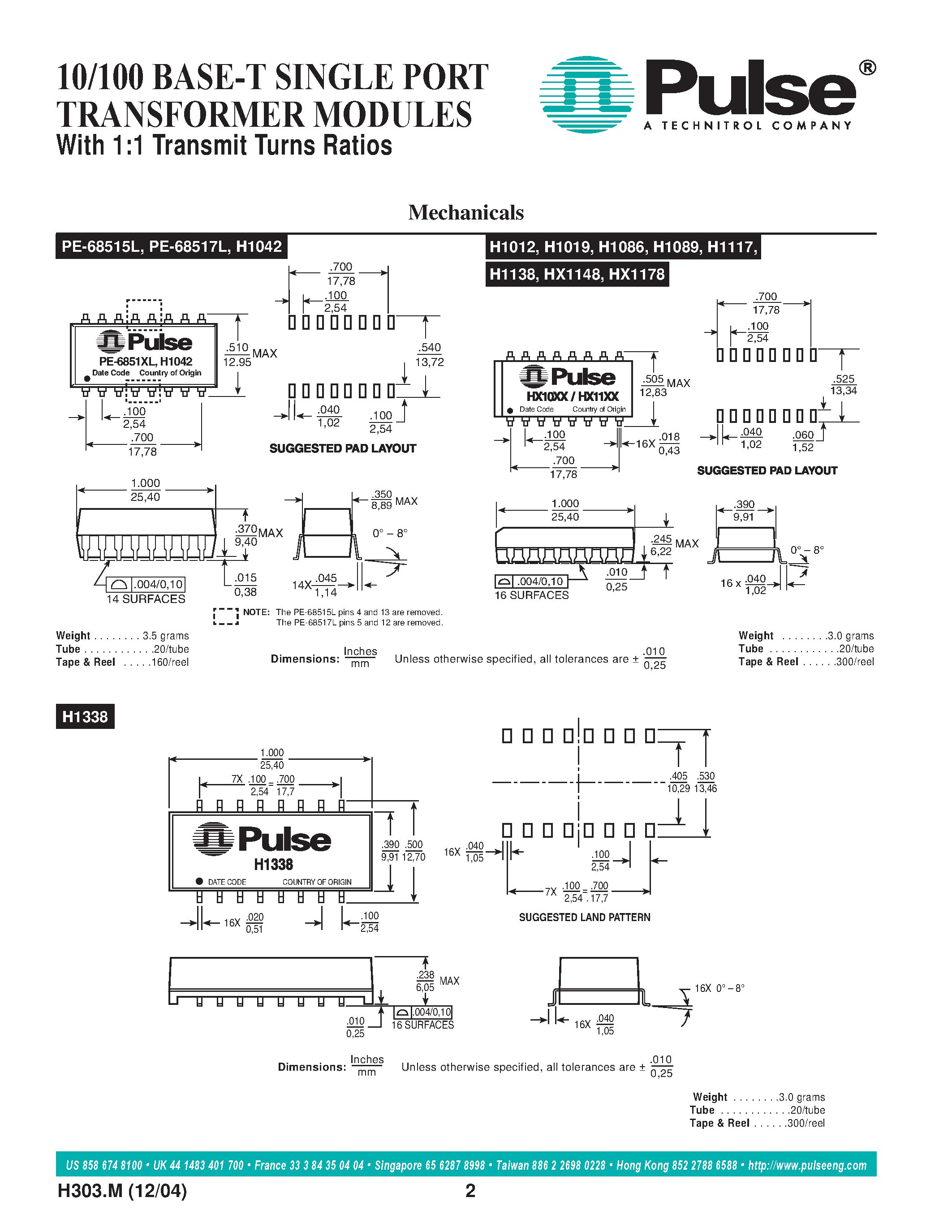 Даташит PE-68515L - (PE-68515L / PE-68517L) 10/100 BASE-T SINGLE PORT TRANSFORMER MODULES страница 2