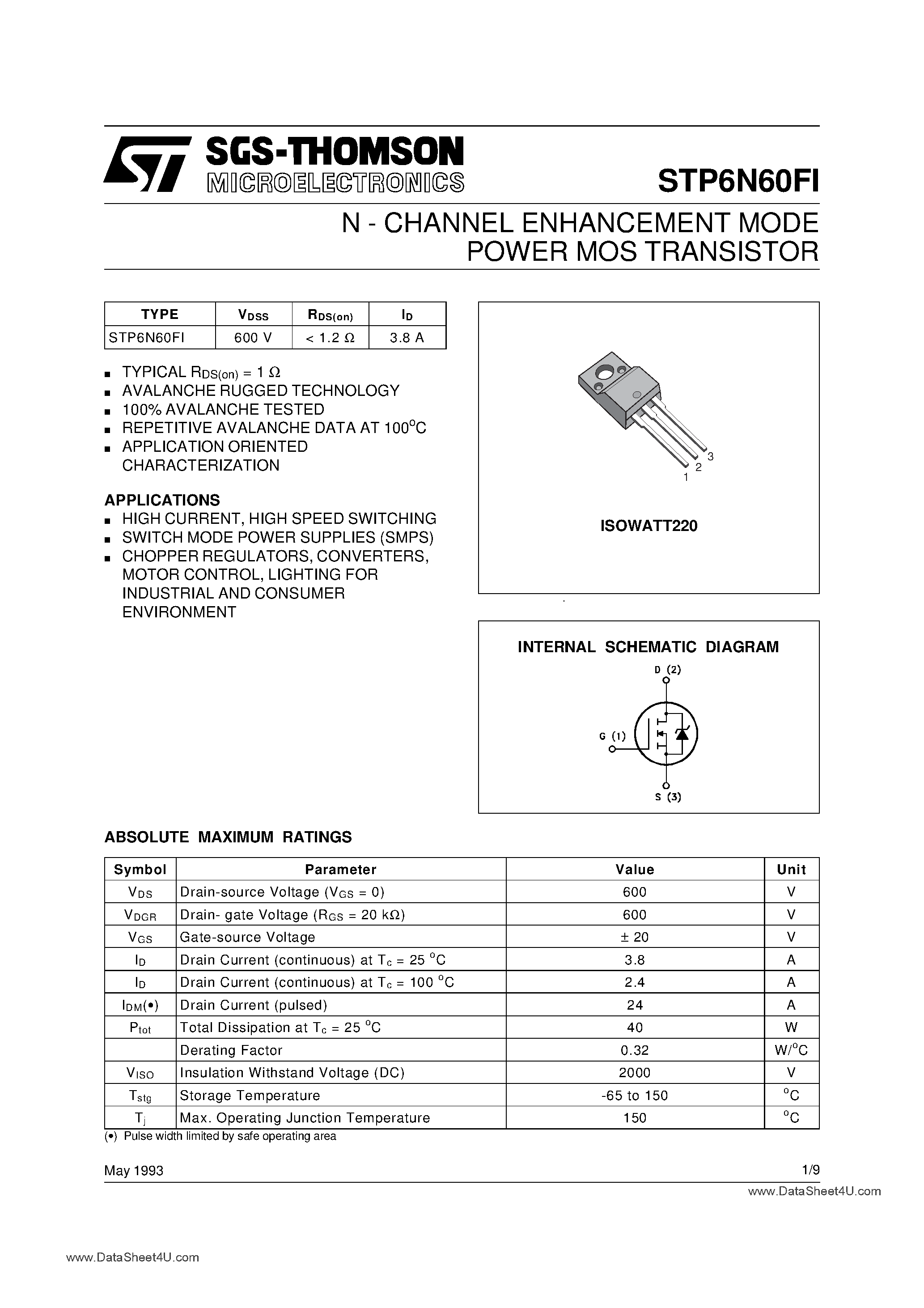 Даташит STP6N60FI - N - CHANNEL ENHANCEMENT MODE POWER MOS TRANSISTOR страница 1