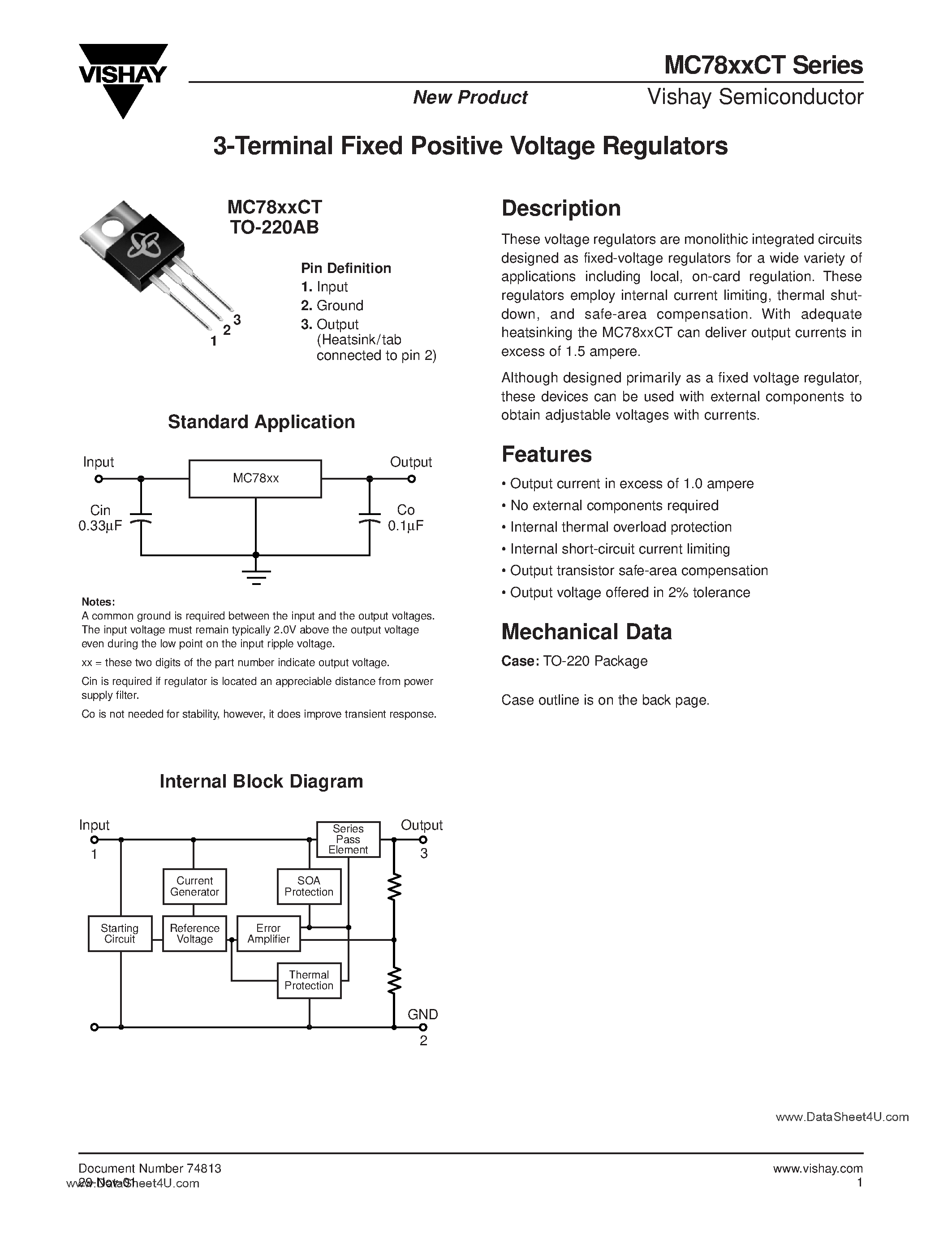 Даташит MC7805CT - (MC78xxCT) 3-Terminal Fixed Positive Voltage Regulators страница 1