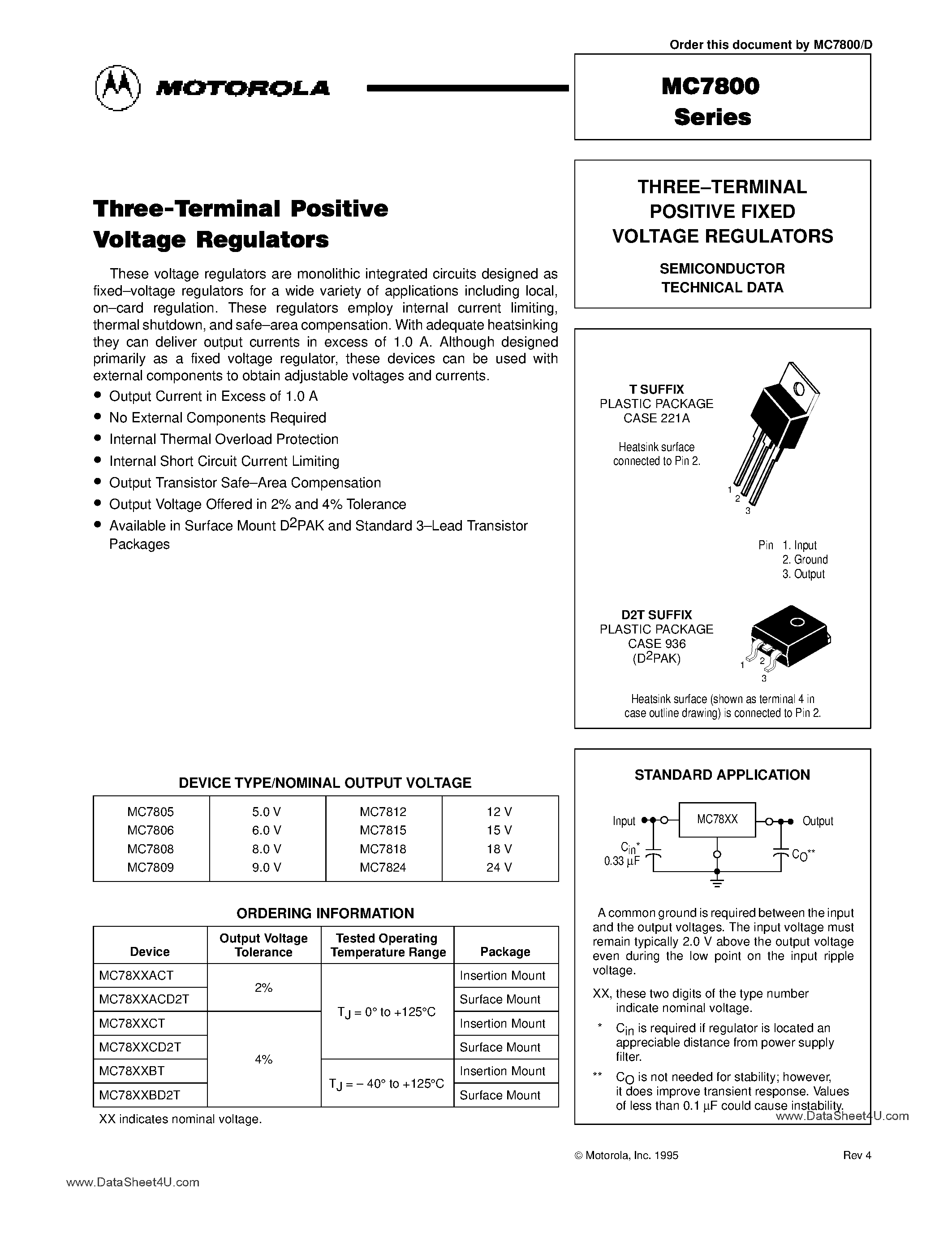 Даташит MC7805 - (MC7800 Series) Three Terminal Positive Fixed Voltage Regulators страница 1