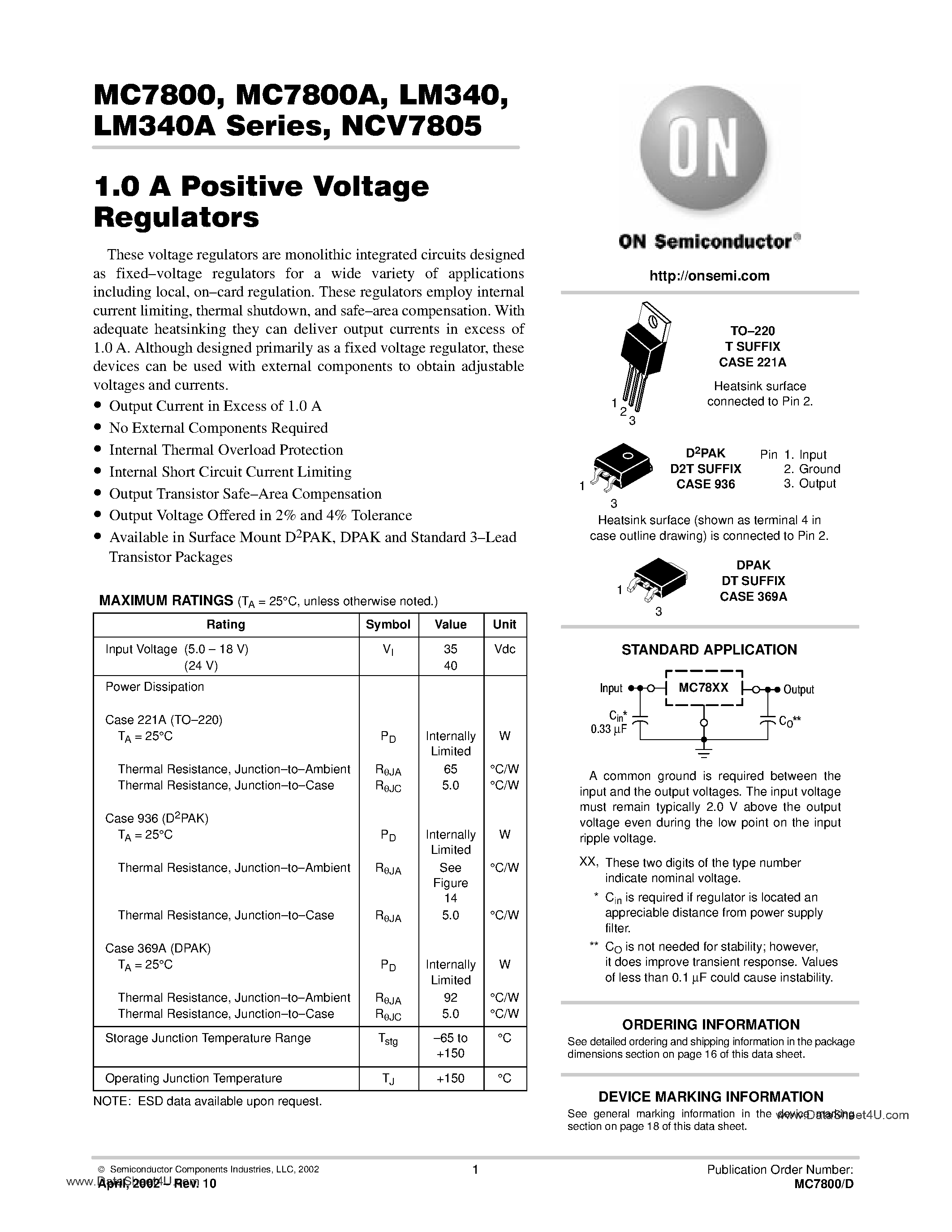 Даташит MC7808CT - (MC7800x Series) 1A Positive Voltage Regulator страница 1