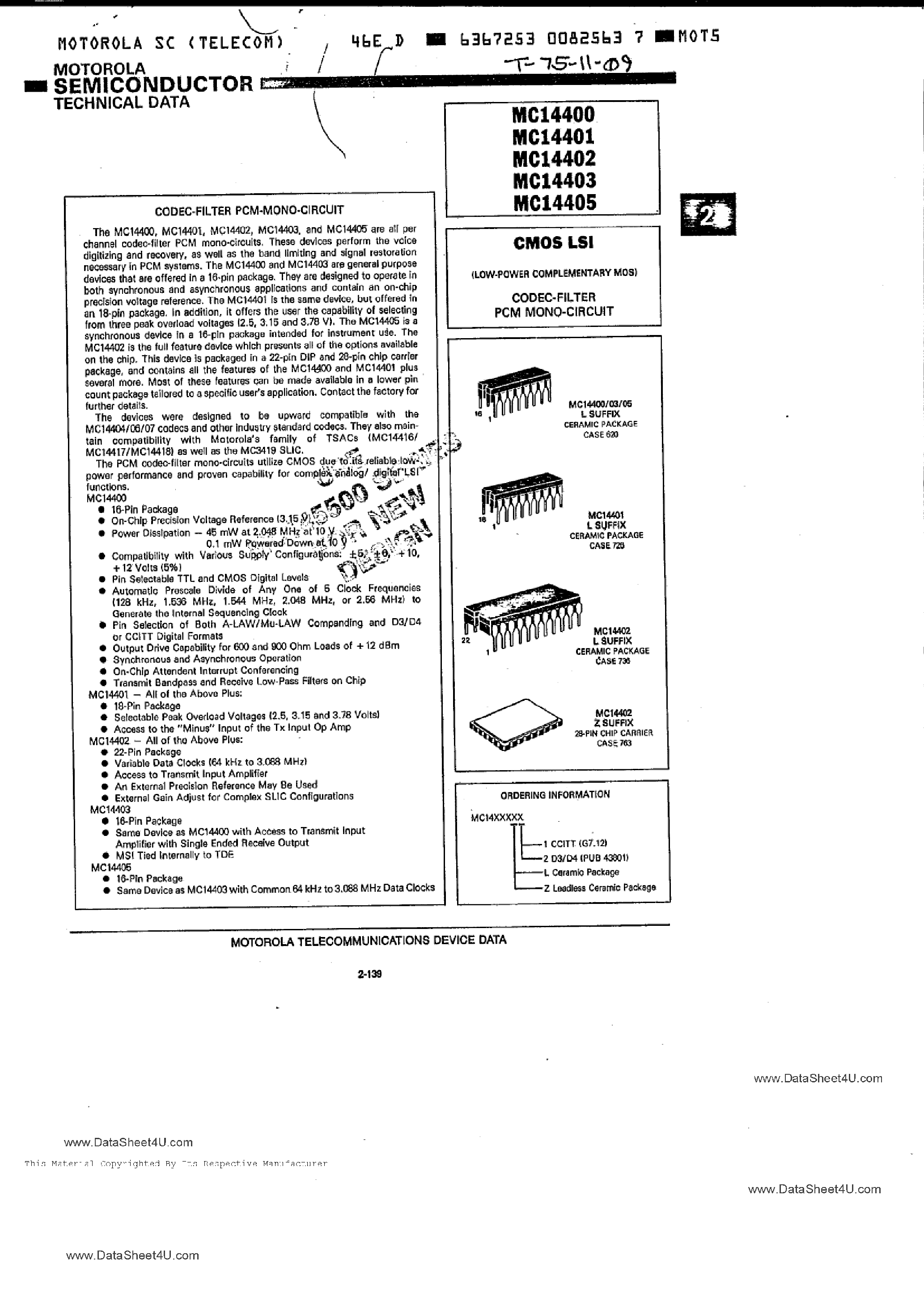 Datasheet MC14401 - (MC14400 - MC14405) CODEC Filter PCM Mono Circuit page 1