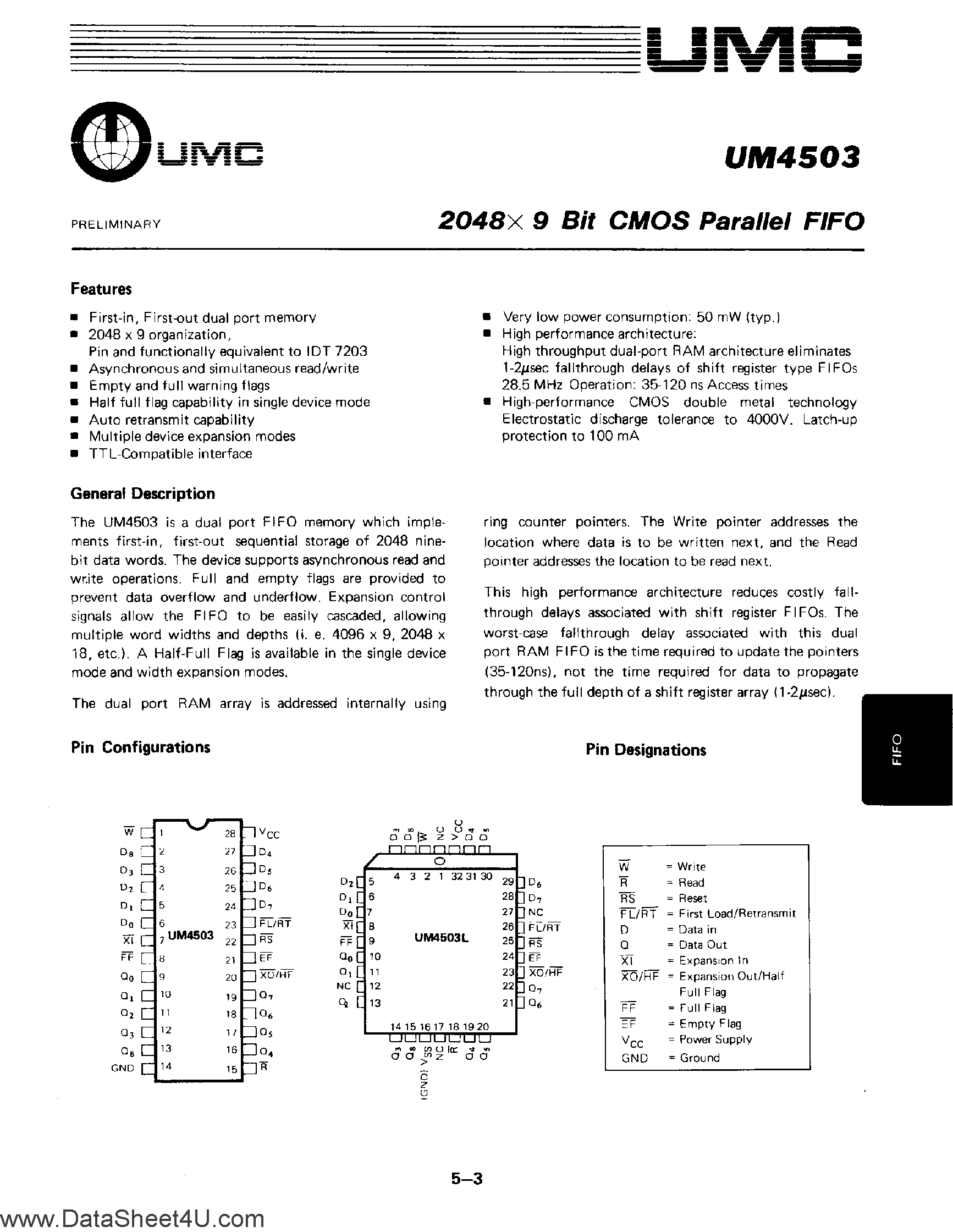 Datasheet UM4503 - 2048 x 9-Bit CMOS Parallel FIFO page 1